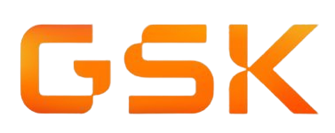 Close-up of GSK logo in orange and pink colors.