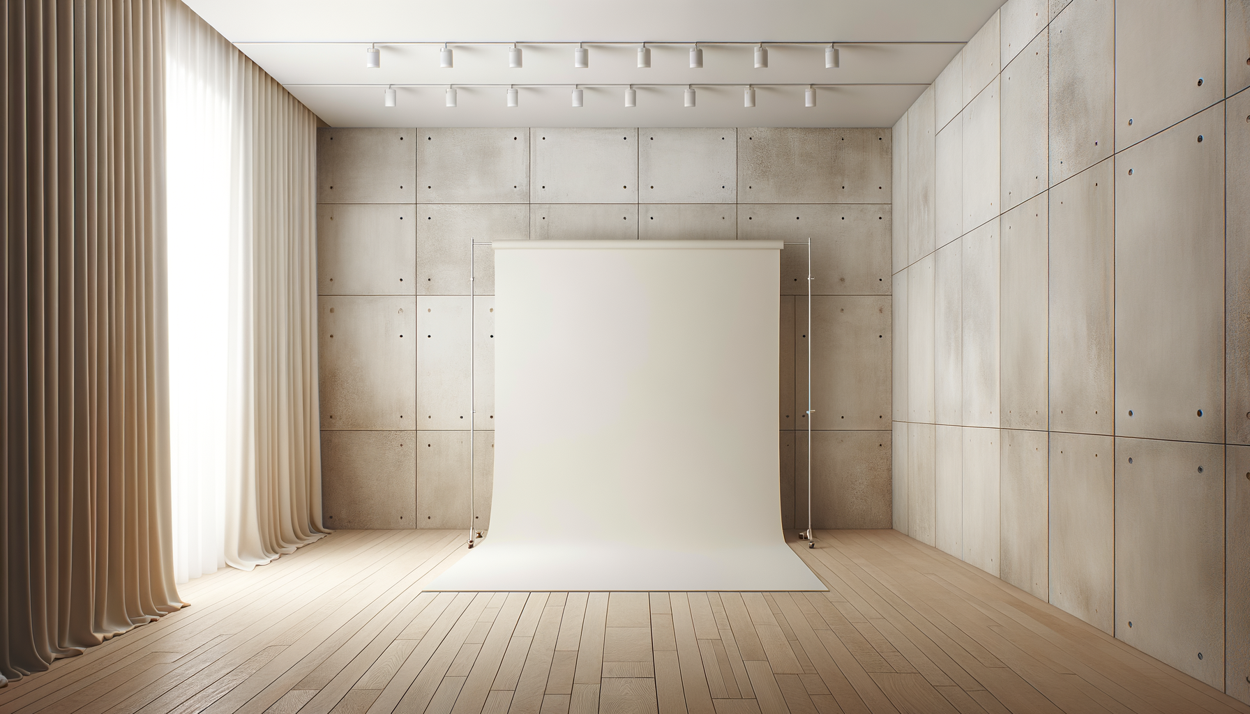 Empty photography studio with white backdrop, concrete walls, wooden floor, beige curtains, and ceiling lights.