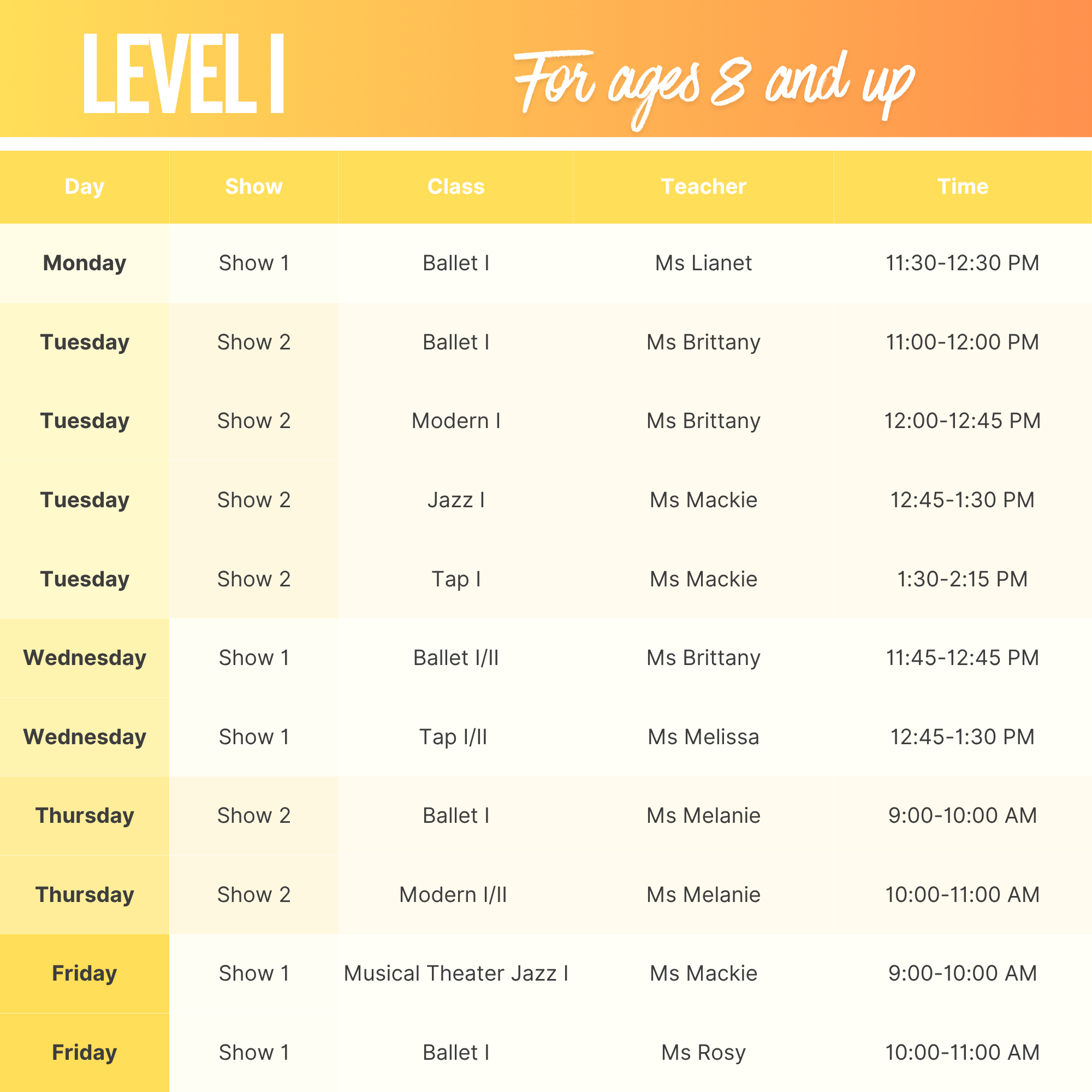 Weekly dance class schedule for ages 8 and up, listing days, shows, classes, teachers, and times, with a color gradient header from yellow to orange.