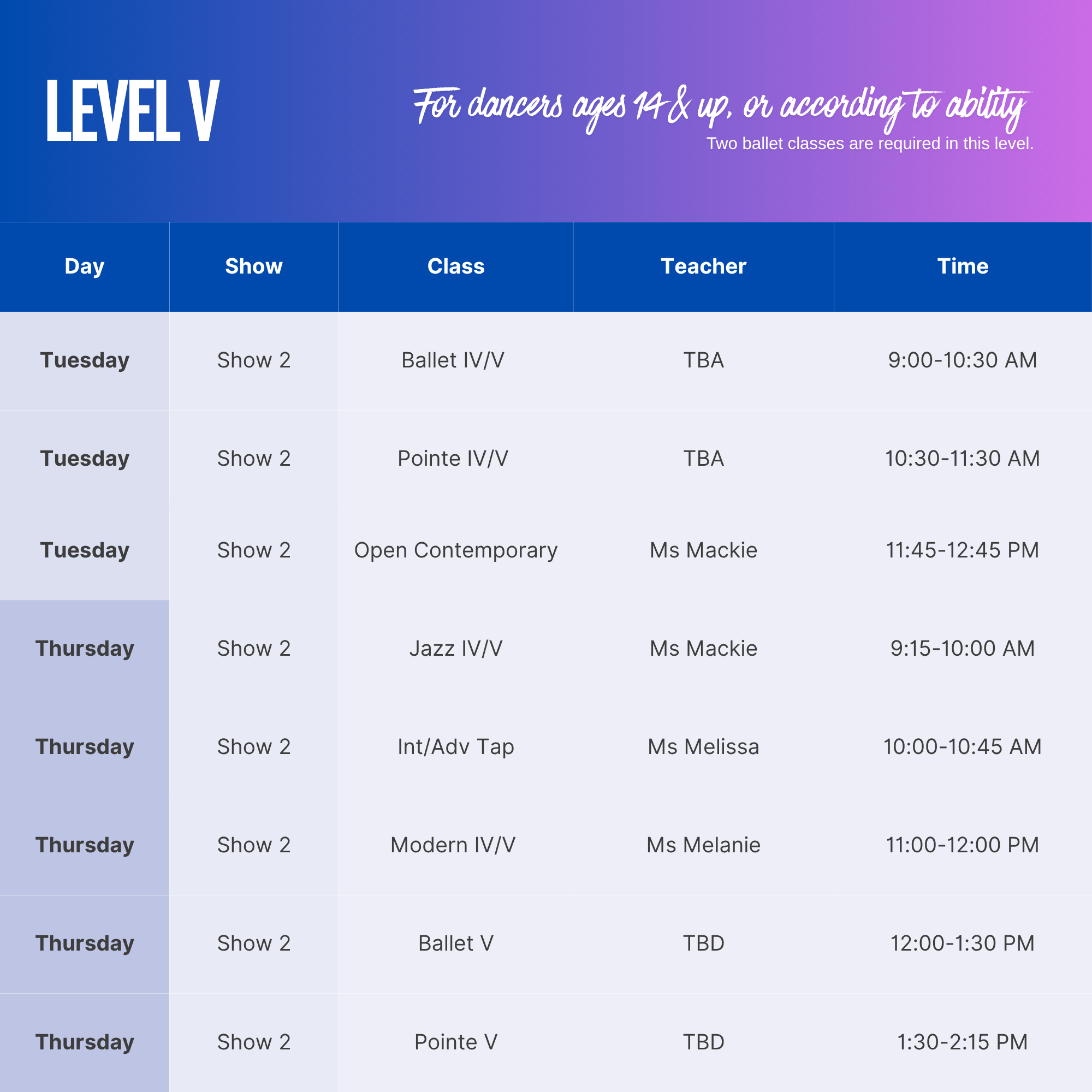 A weekly schedule or timetable featuring dance classes from Tuesday to Thursday. The schedule includes details such as class type, teacher, and class times. The header displays 'LEVEL V' for dancers aged 14 and up, with a note about ballet classes be