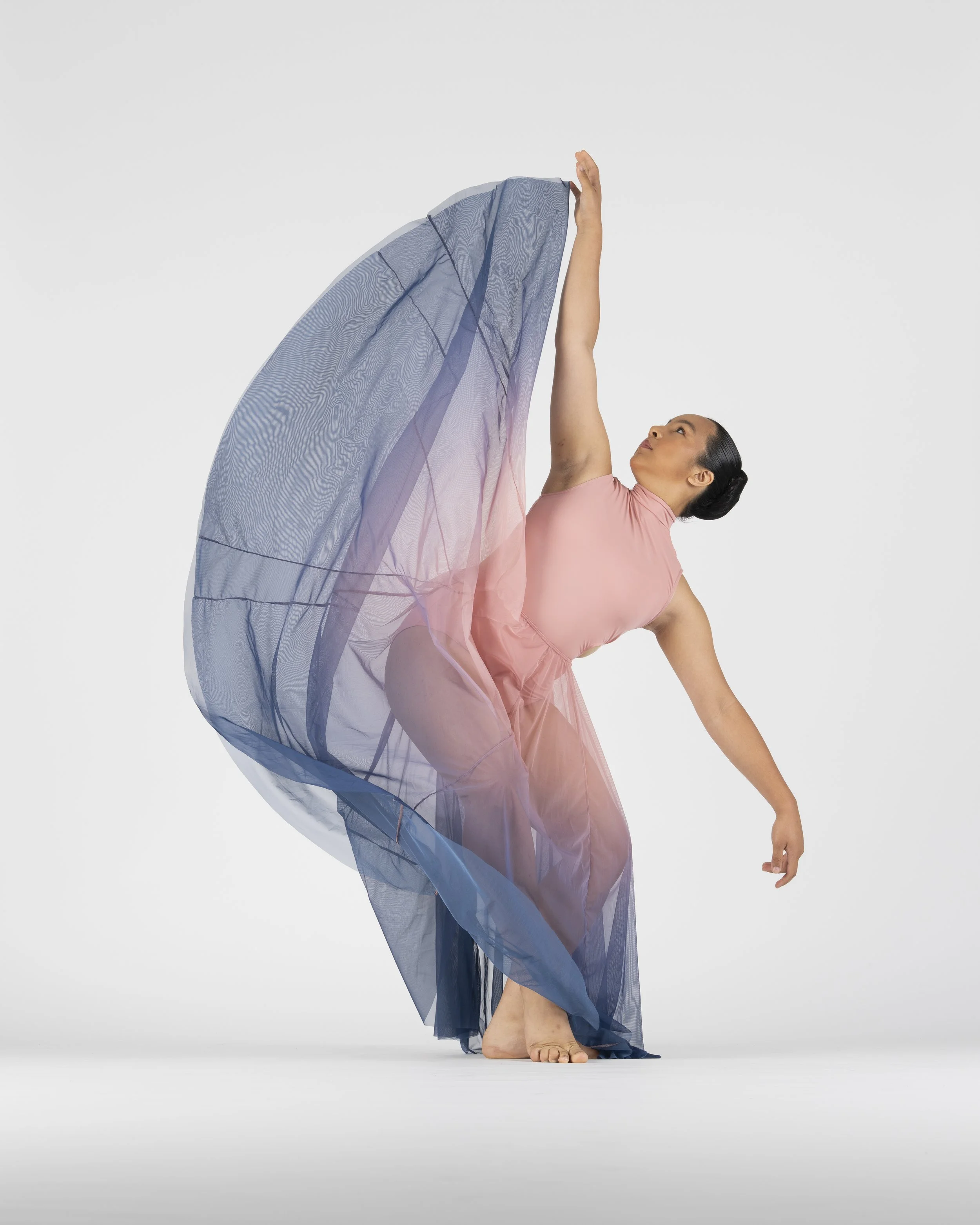 A woman with dark hair styled in a bun, dressed in pink, is barefoot and performing ballet poses, holding sheer, flowing fabric in shades of blue and pink against a plain, light gray background.