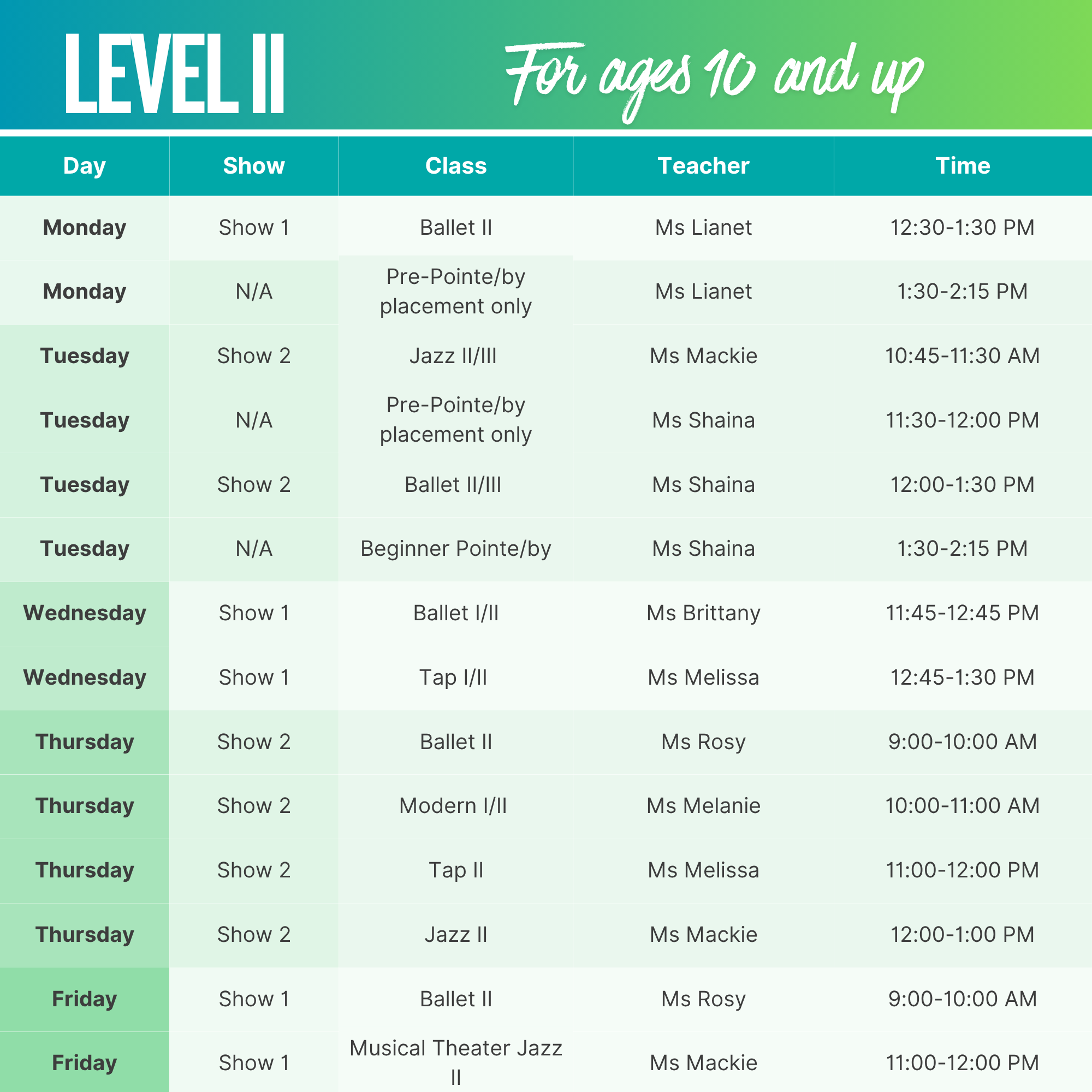 A weekly schedule for children aged 10 and up, listing days, show names, class types, teachers' names, and class times, with a color-coded table background.