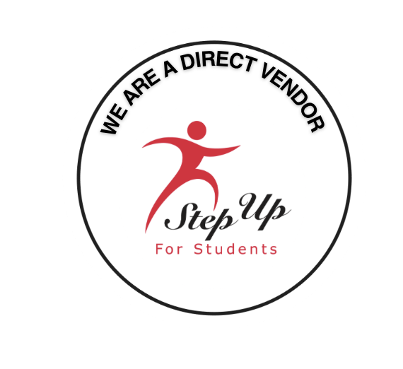 Logo with a red stylized human figure, black circle border, and text that reads "We are a direct vendor" at the top, "Step Up" in the middle, and "For Students" at the bottom.