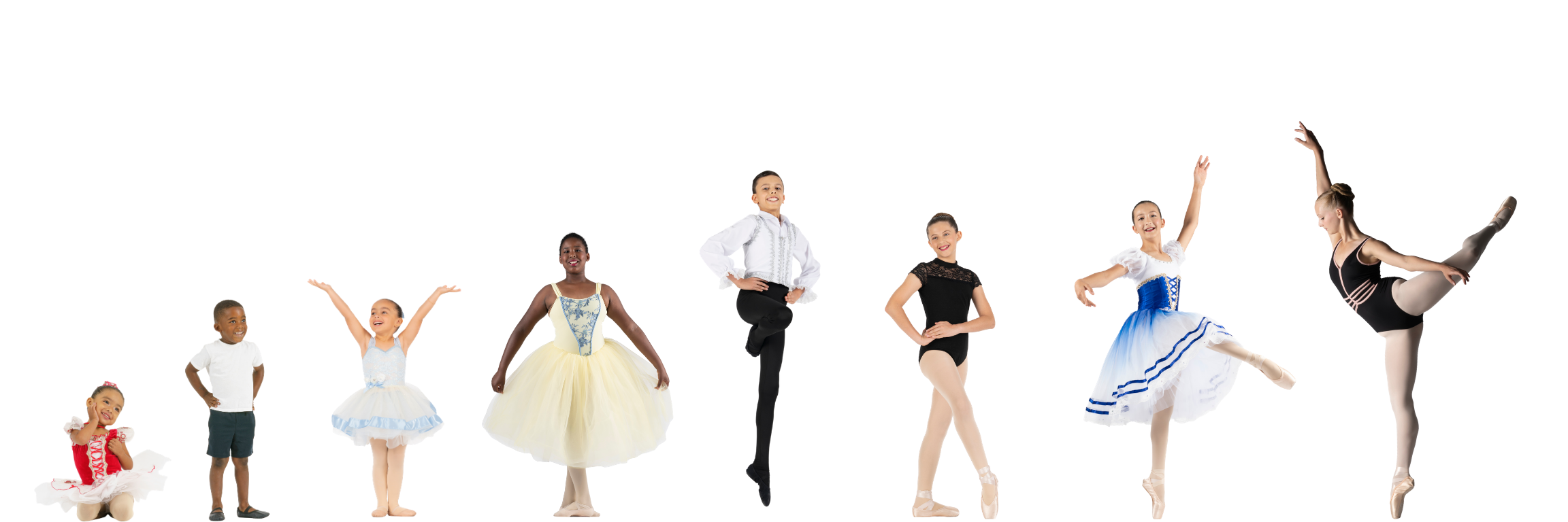 Group of children in various dance costumes posing on a transparent background.