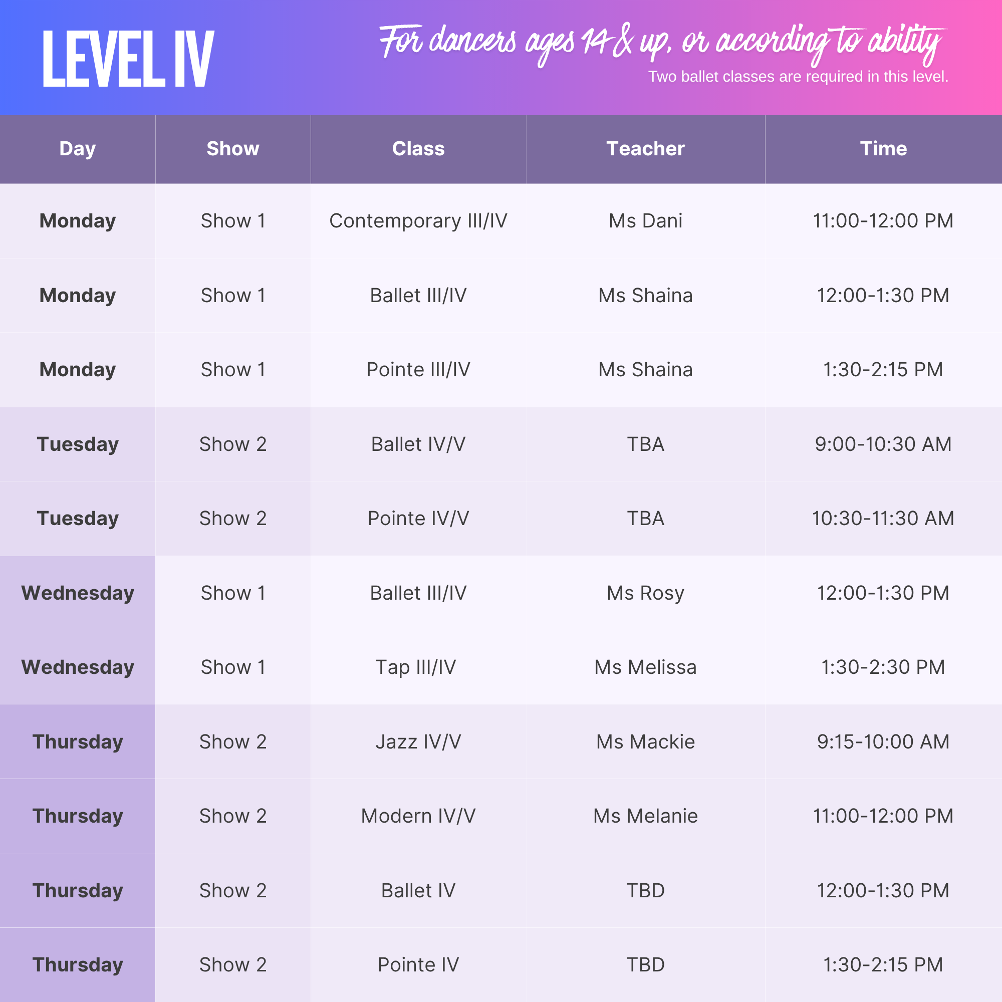 Schedule of ballet classes for level IV, for dancers 14 and up, on Monday through Thursday, including show titles, class levels, teachers, and times, with a gradient purple and pink background.