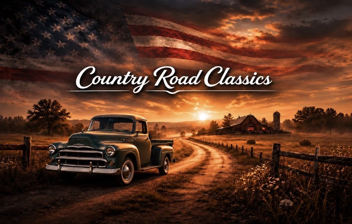 A vintage pickup truck parked on a country dirt road at sunset, with farm buildings in the background, overlaid with a semi-transparent U.S. flag and the text 'Country Road Classics'.