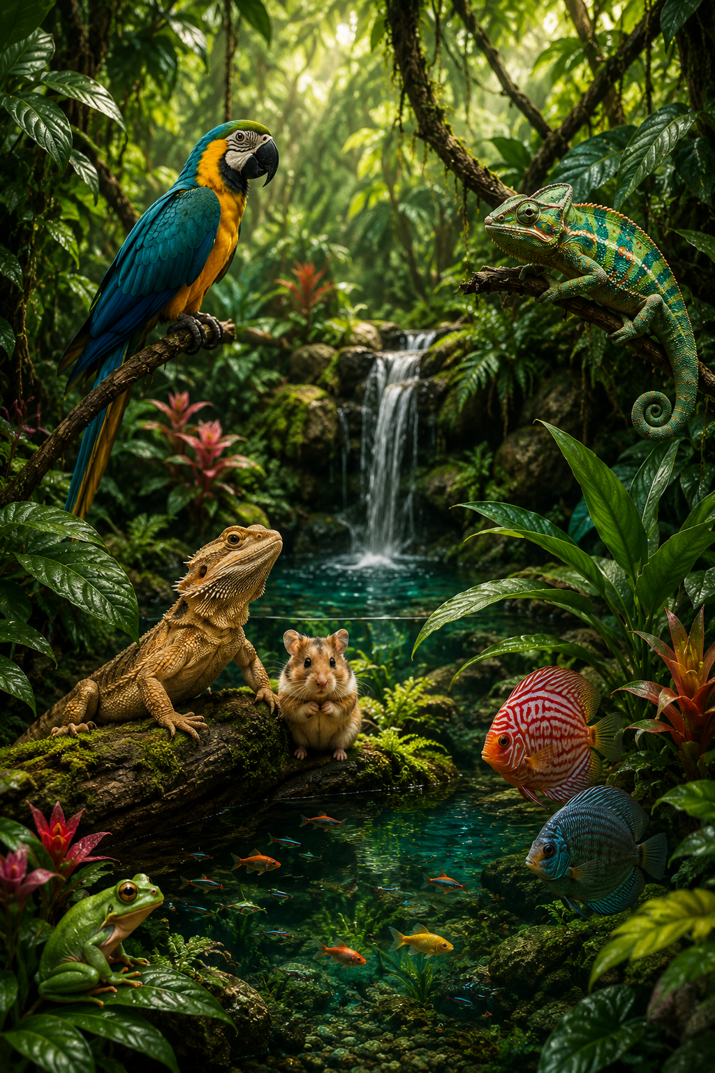 Différents animaux dans la jungle tropicale, incluant un perroquet, un caméléon, un iguane, une grenouille, un hamster, ainsi que divers poissons dans une rivière près d'une cascade, entourés de végétation dense.