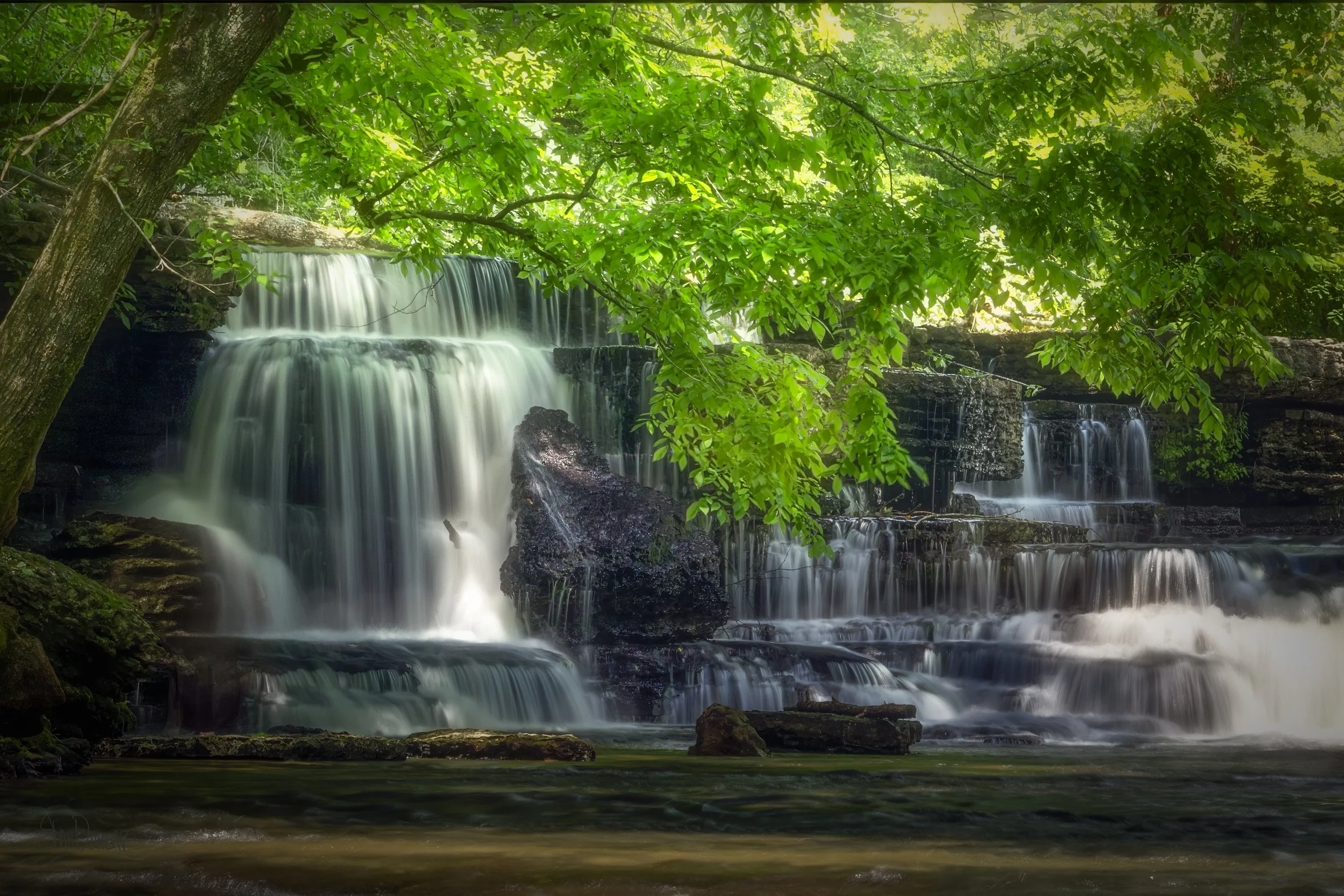 A summer waterfall cascades over black rocks beneath bright green tree leaves.