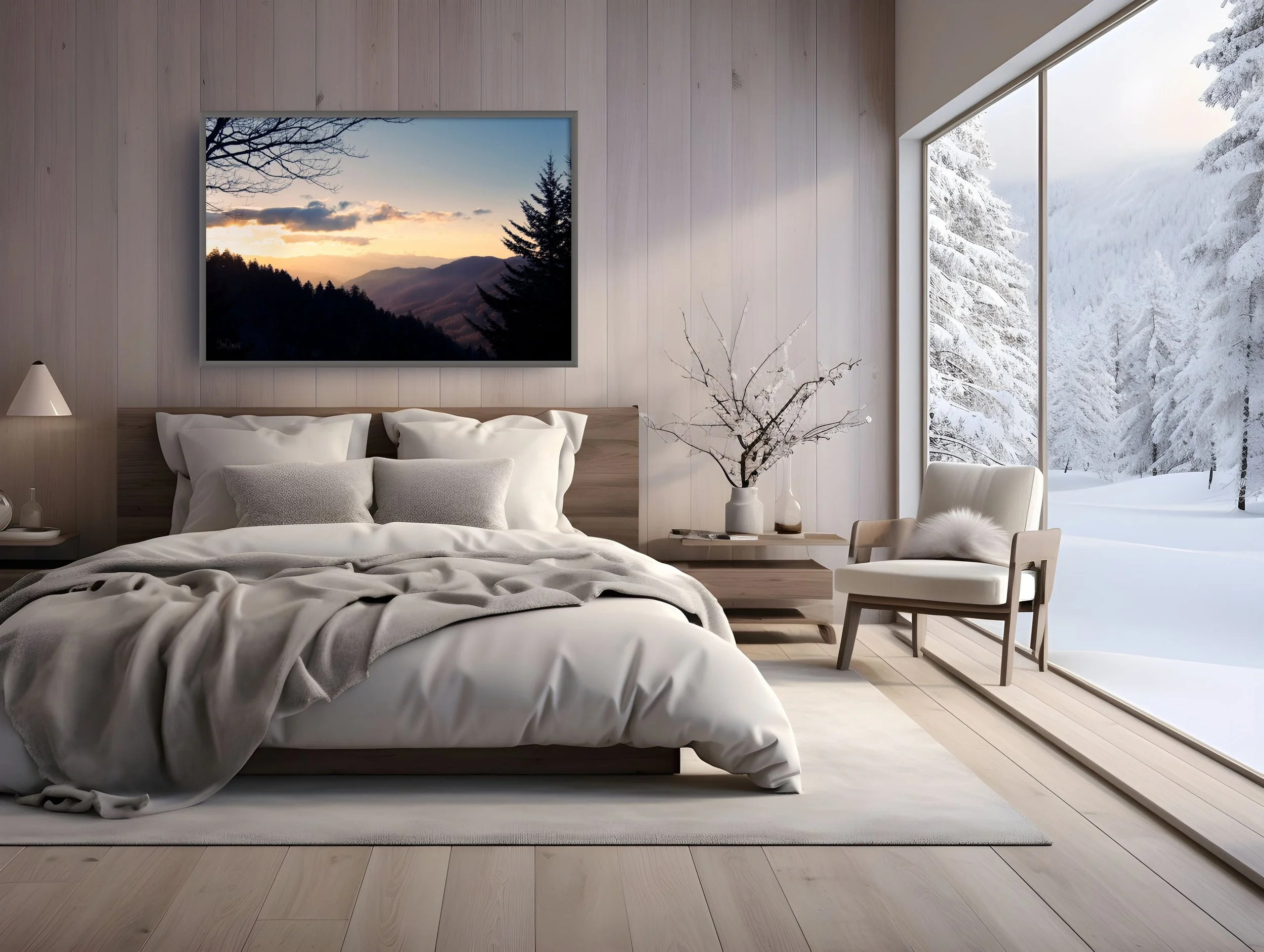 A photo of Stan Dunlap's photo of a smoky mountain sunrise hanging in a mountain homes bedroom