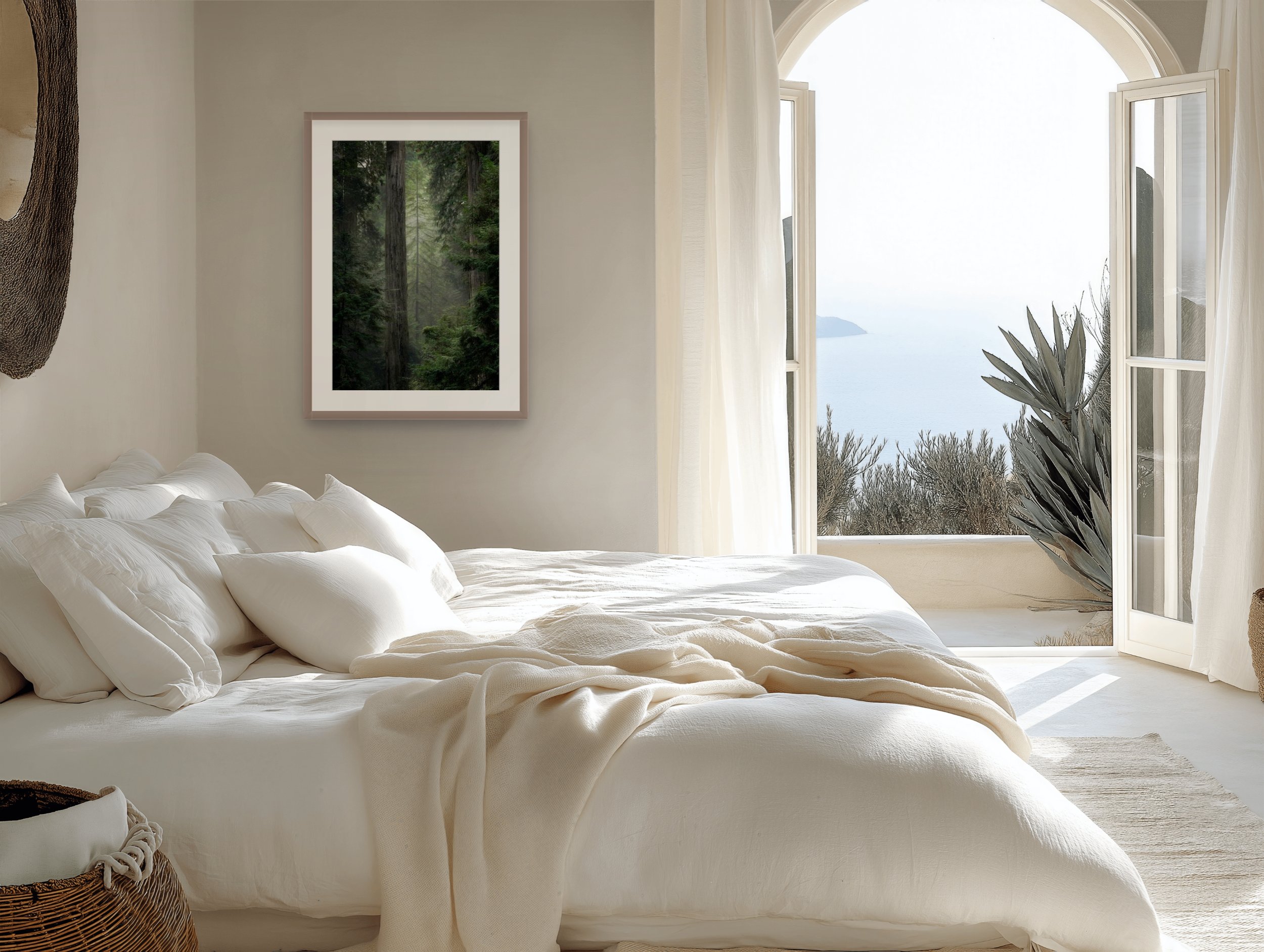 A photo of a bedroom with Stan Dunlaps Photo of a young sequoia tree hanging on the wall