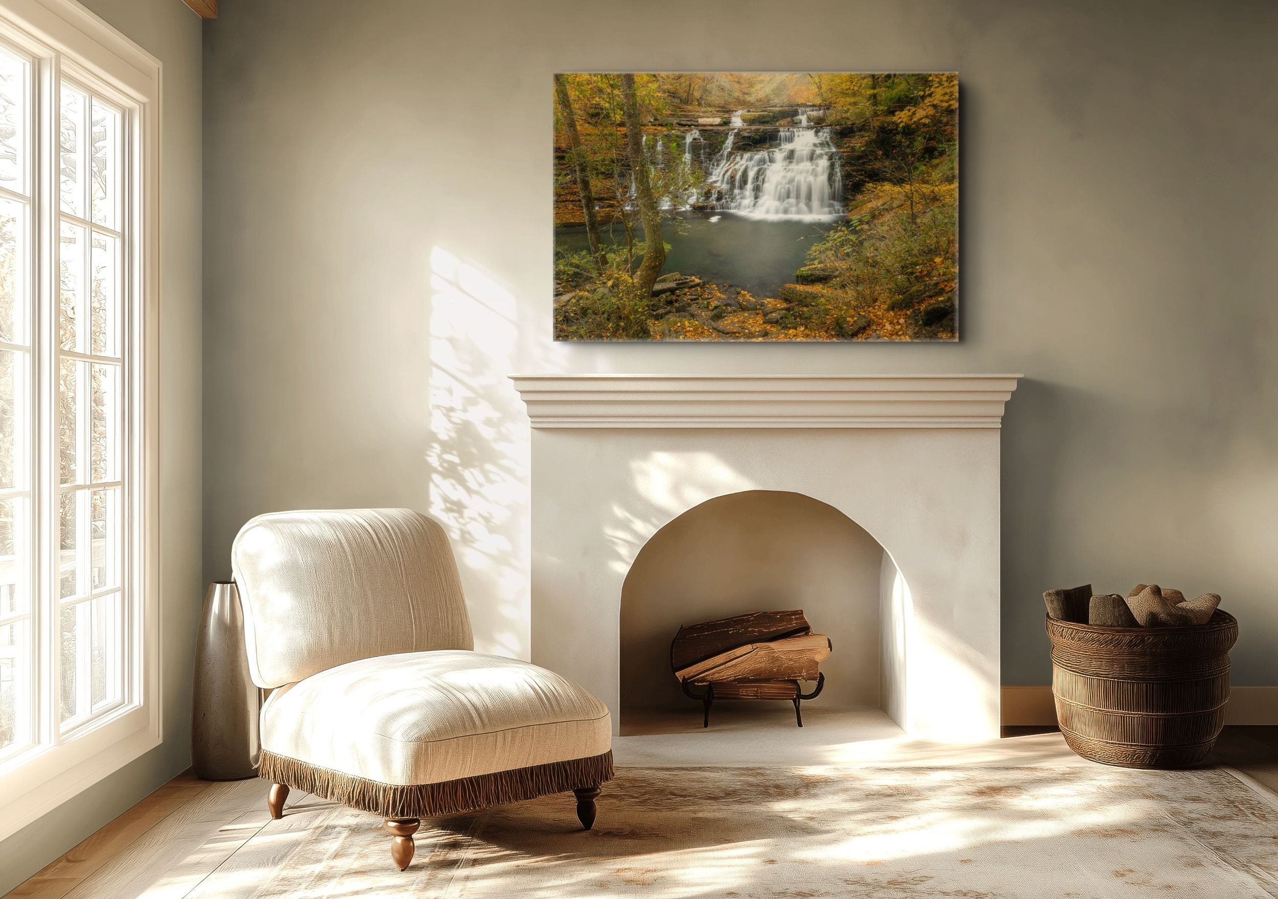 A photo of a sitting room with Stan Dunlap's photo of Rutledge falls hanging above a fireplace