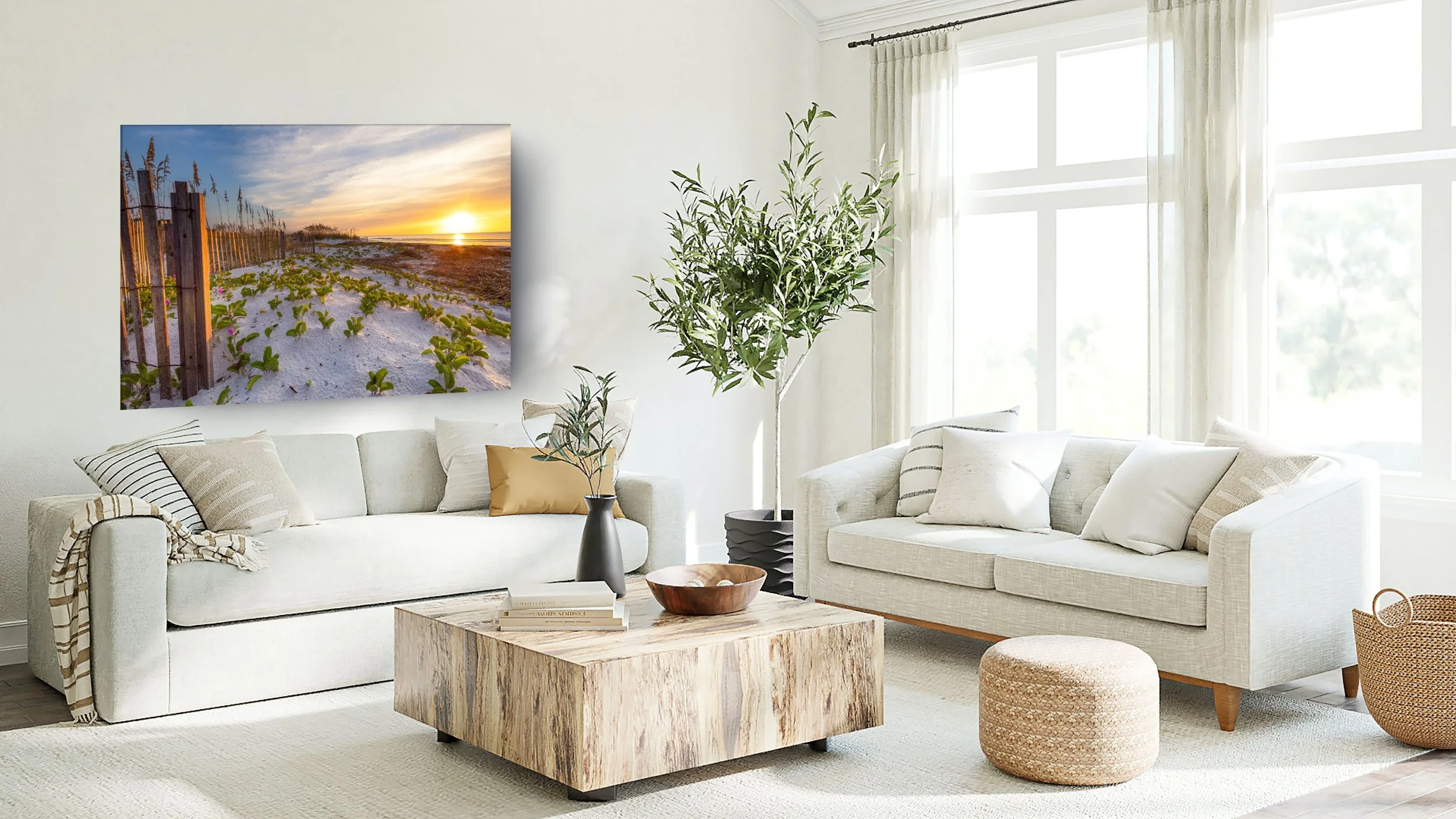 A photo of a living room with Stan Dunlap's photo of a Hilton head sunrise hanging on the wall