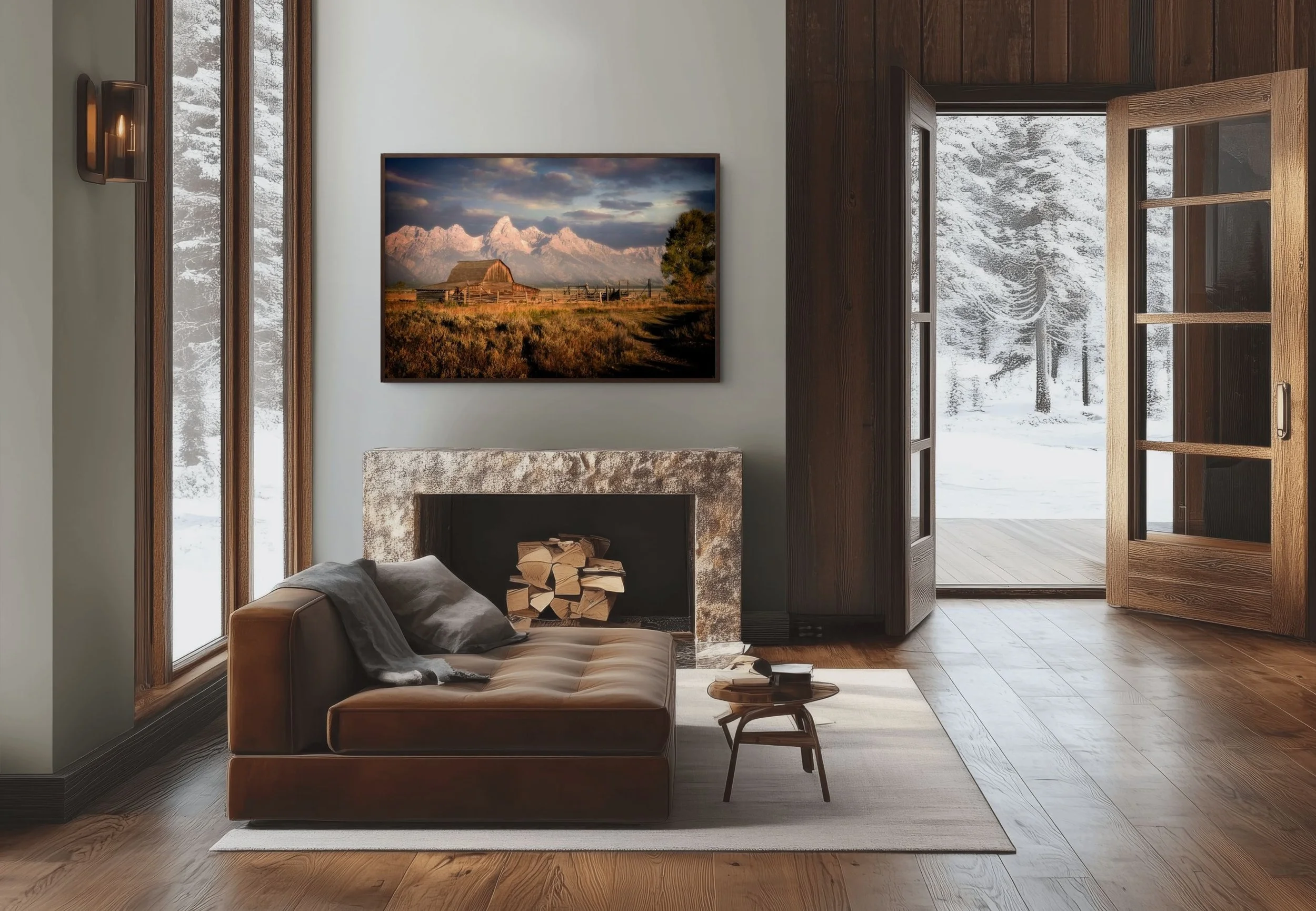 A photo of an upscale mountain lodge with Stan Dunlap's photo of the moulten barn and the Tetons hanging above the rooms fireplace