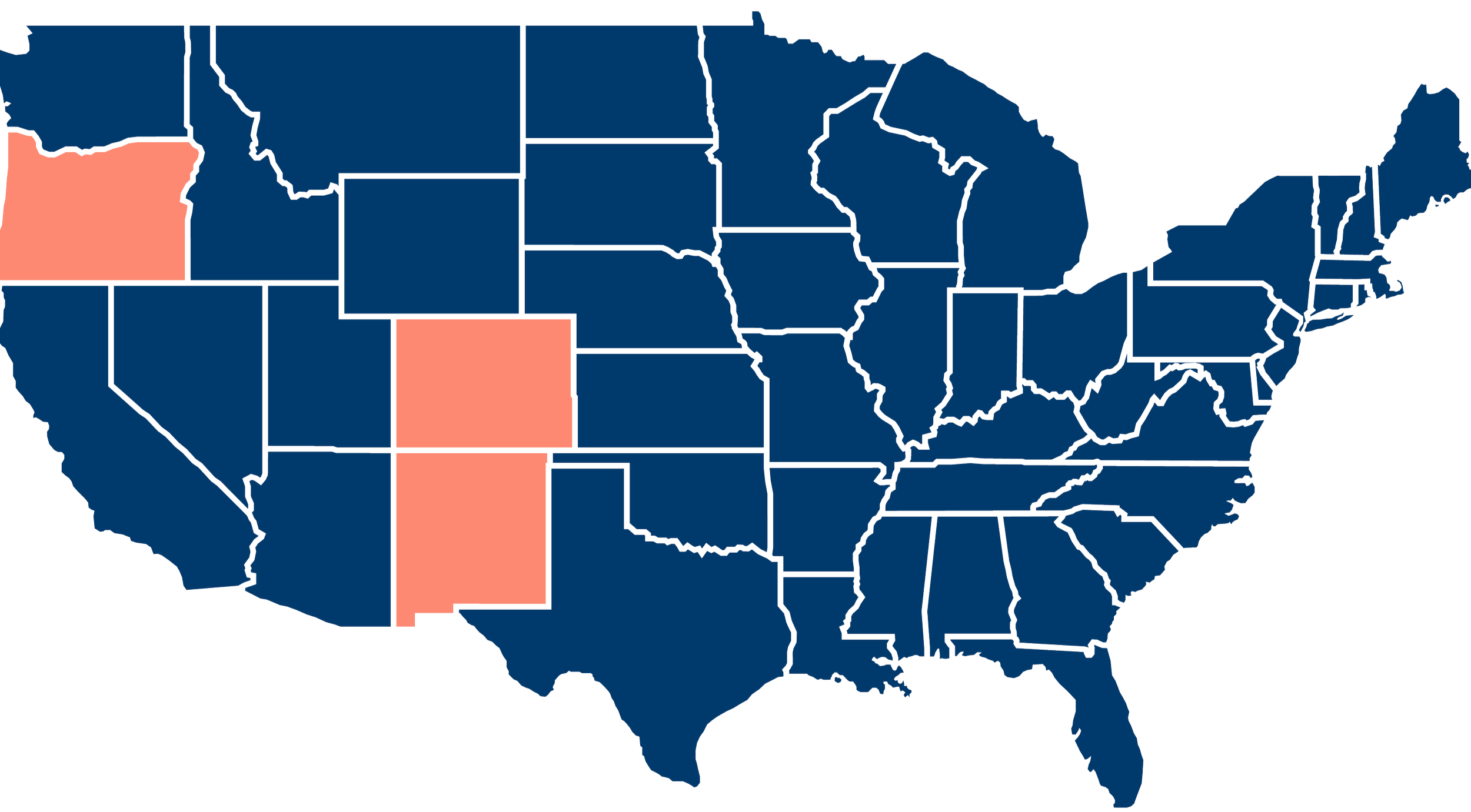 Map of the United States with Oregon, Colorado, and New Mexico highlighted in red, and all other states in blue.