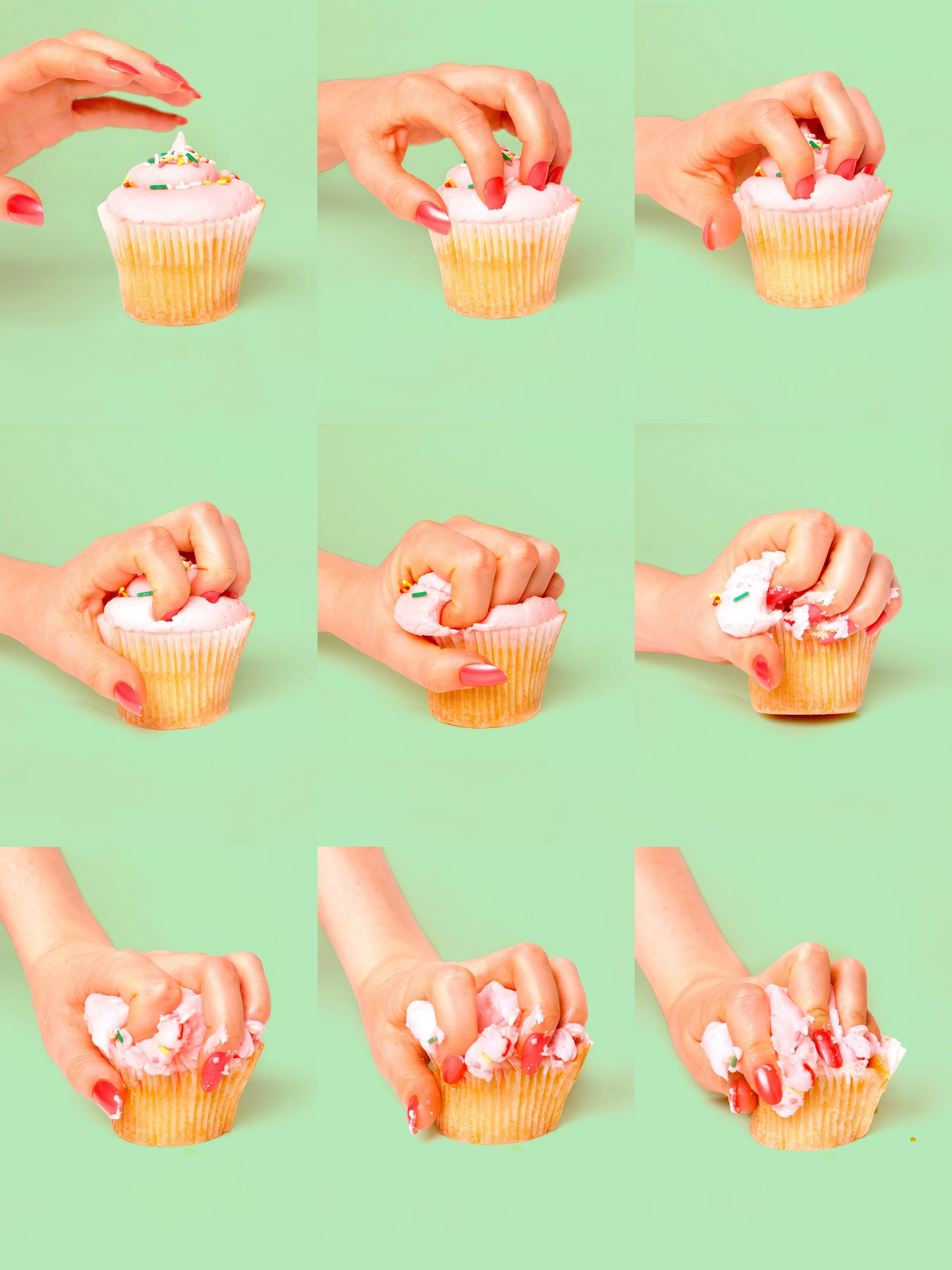 Sequence of a hand crushing a pink-frosted, sprinkle-covered cupcake against a bright green background.