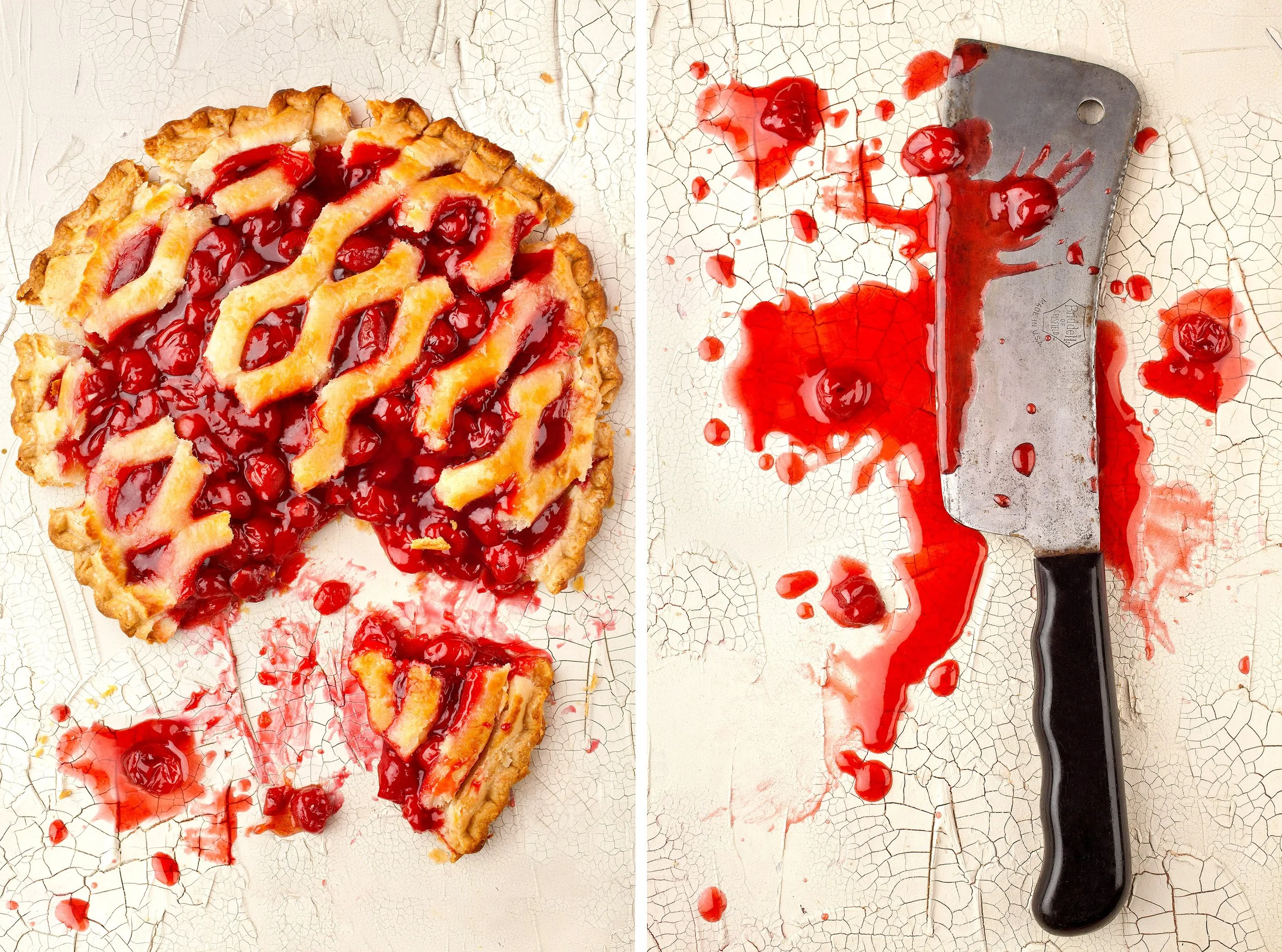 Cherry pie with lattice crust and spilled cherry filling beside a messy cleaver on a cracked white surface