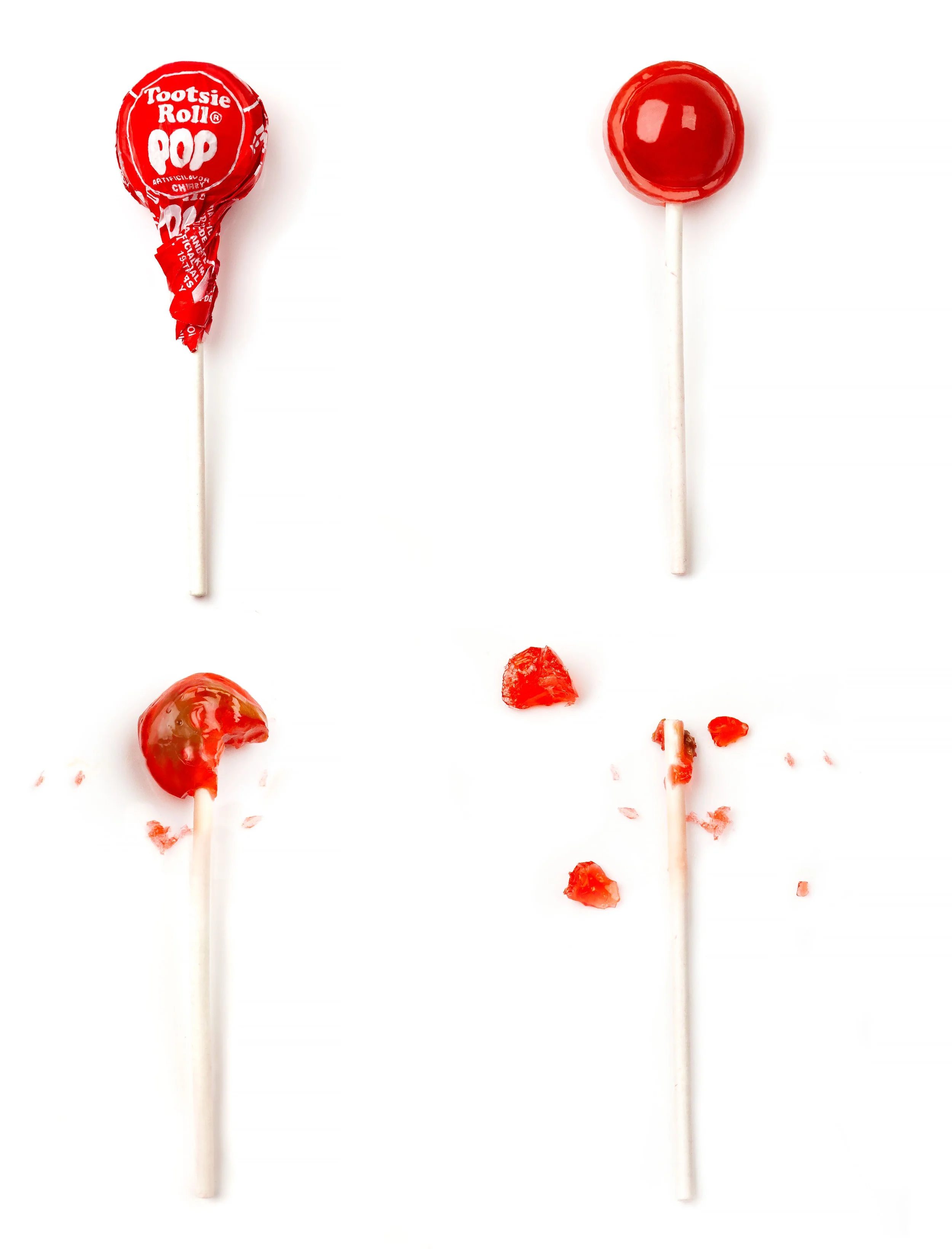 Sequence of Red cherry lollipops being consumed, including a wrapped Tootsie Roll Pop, an unwrapped lollipop, and broken candy pieces on a white background. How many licks does it take...?