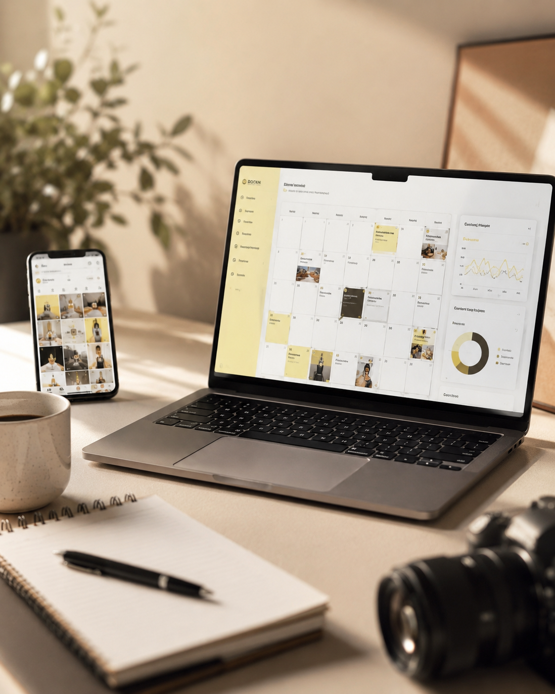 A desk setup featuring a laptop, an iPhone displaying a grid of photos, a notebook with a pen, a ceramic mug, a camera, and a potted plant in the background.