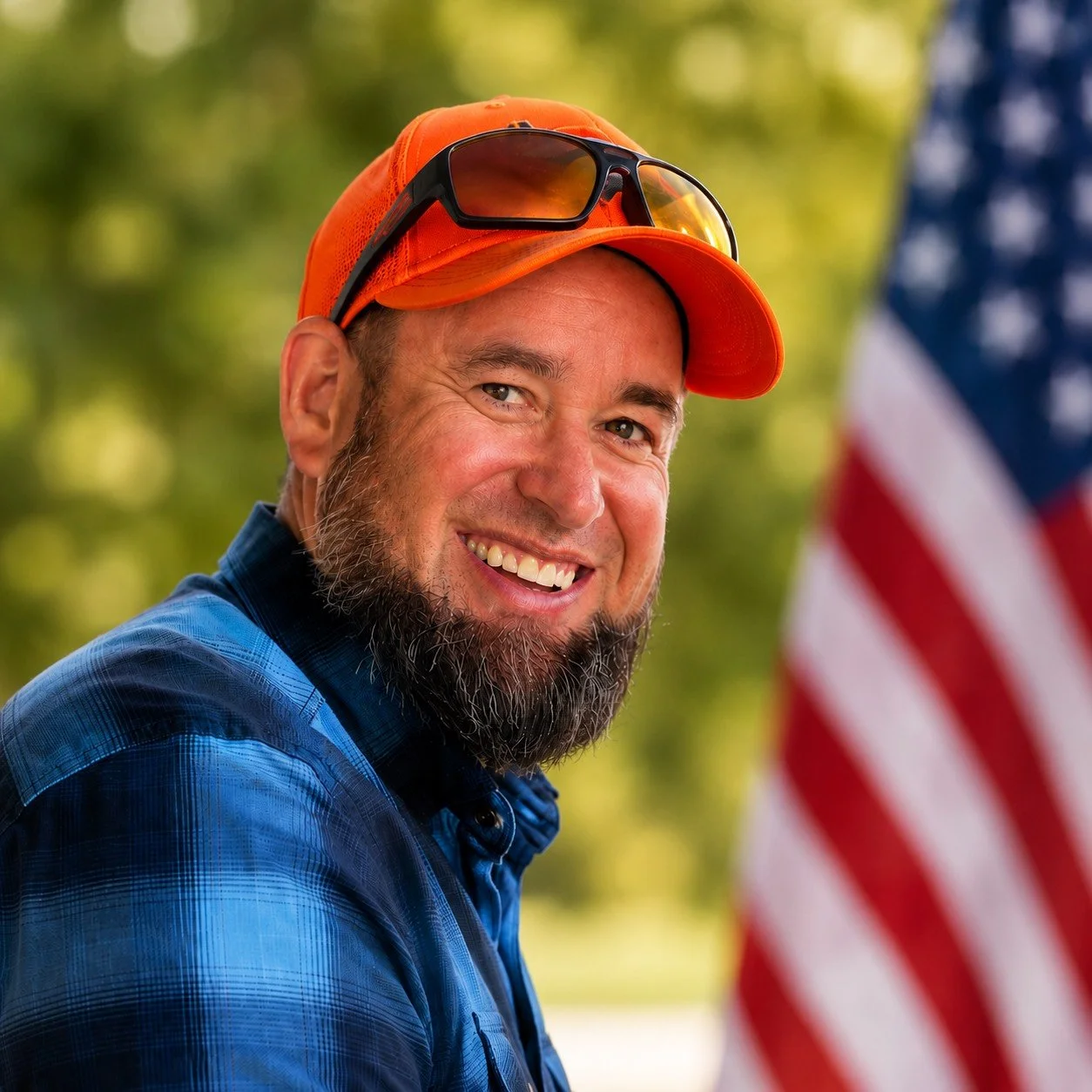 A smiling man with a beard wearing an orange cap, sunglasses on top, a blue shirt, with an American flag in the background.