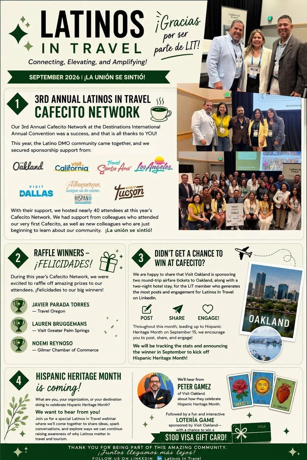 A poster showing the highlights of the 3rd Annual Latinos in Travel Cafecito Network event in September 2026. Includes photos of groups of attendees, sponsors, and a cityscape of Oakland. Text details event achievements, raffle winners, and upcoming Hispanic Heritage Month celebrations, with promotional graphics of cards and a $100 Visa gift card.