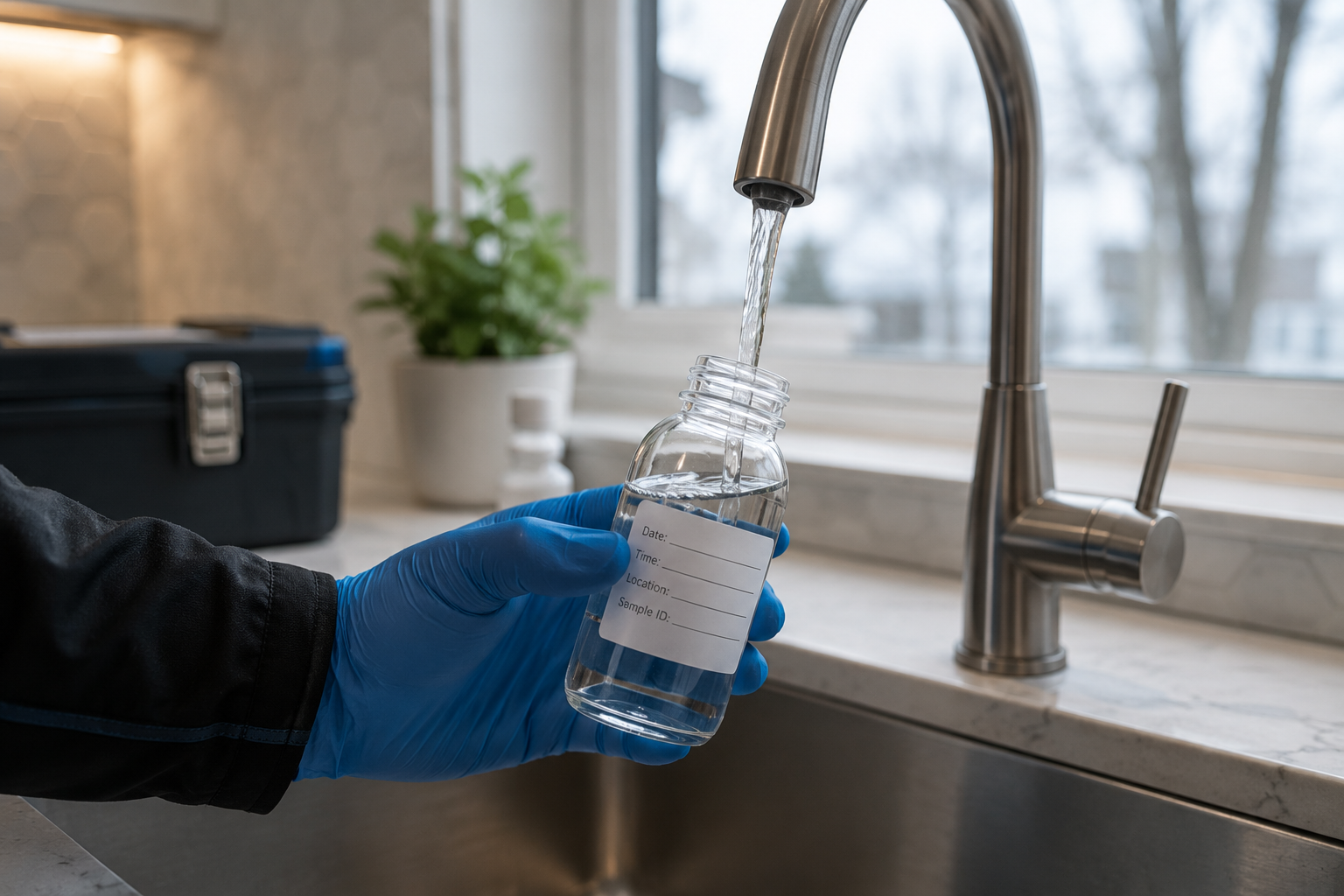 Une main portant un gant en latex bleu tient une bouteille en verre, sous un robinet d'évier, tandis que de l'eau s'écoule dans la bouteille, dans une cuisine avec une fenêtre en arrière-plan et un espace de travail avec une boîte de rangement noire.