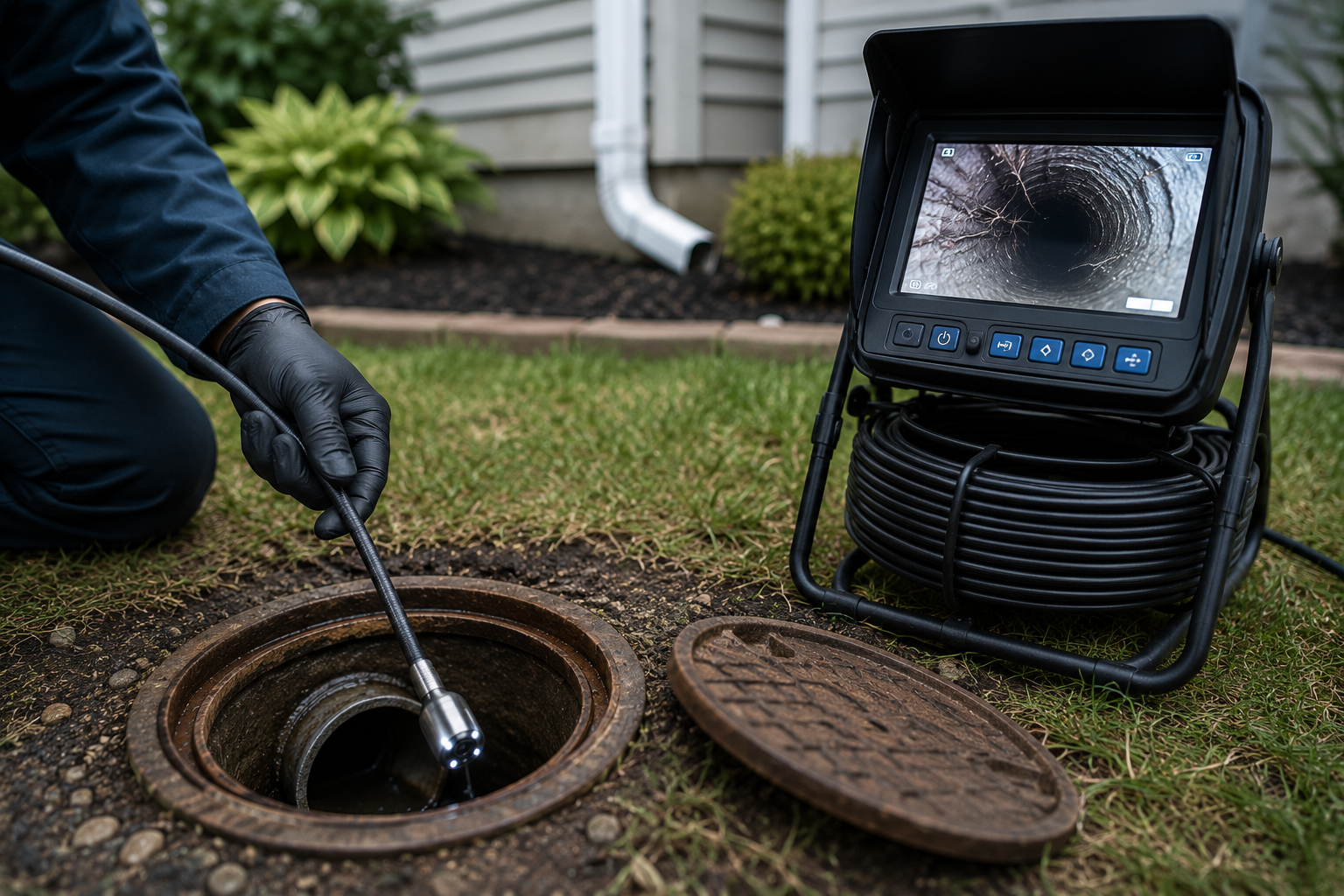 Un expert utilisant un appareil d'inspection de drain dans une fosse d'égout, avec un moniteur affichant une vue de l'intérieur du drain.