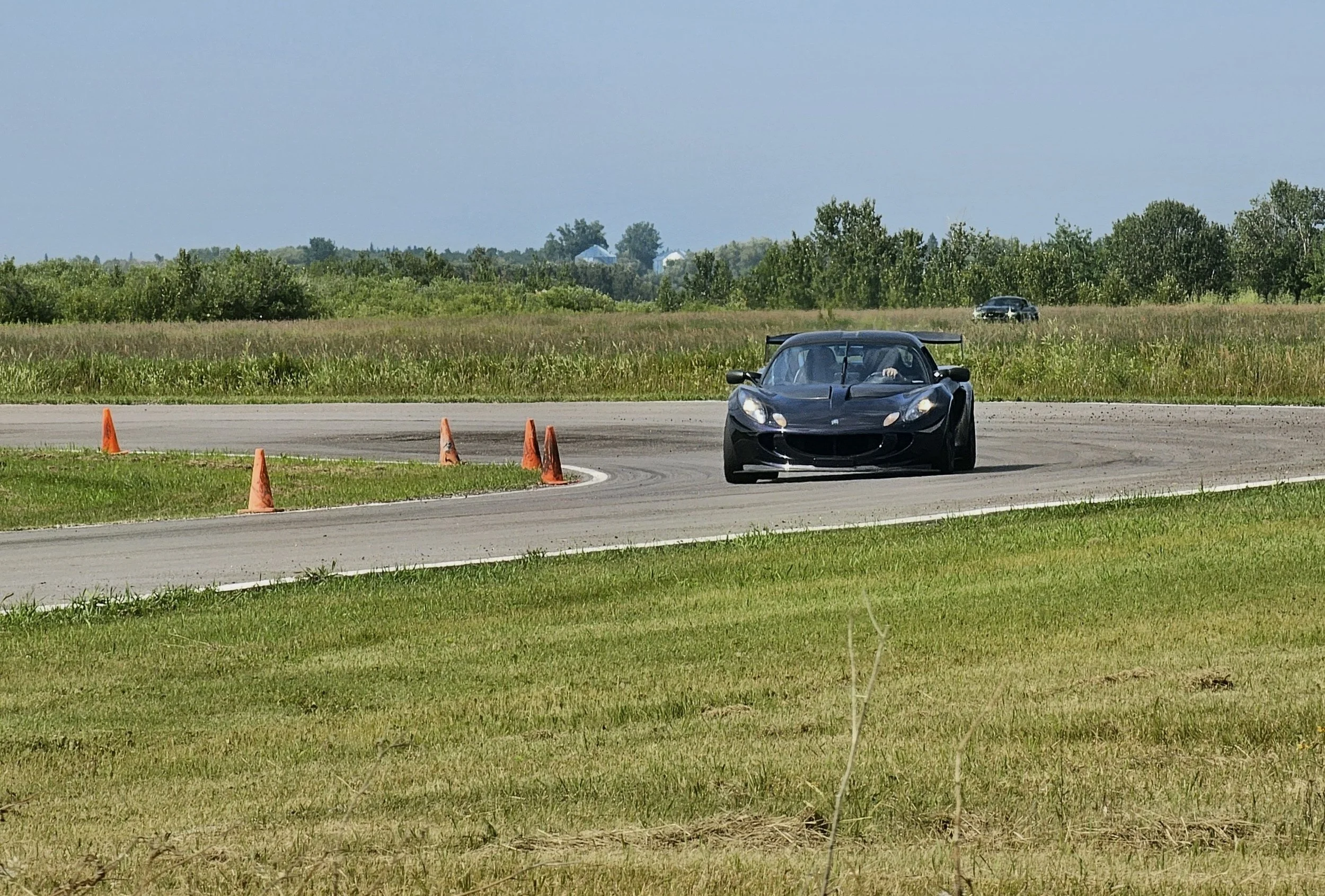 A black sports car on a track with orange cones, surrounded by grassy fields and trees in the background.