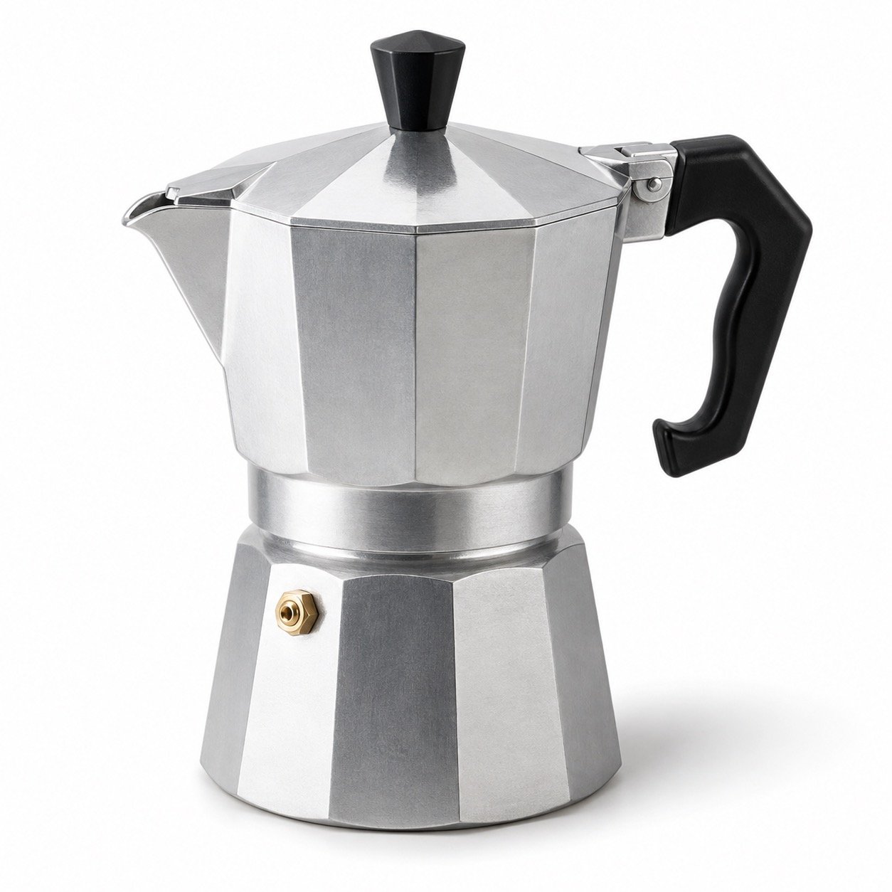 Silver moka pot coffee maker with black handle and black knob on lid, isolated on white background.