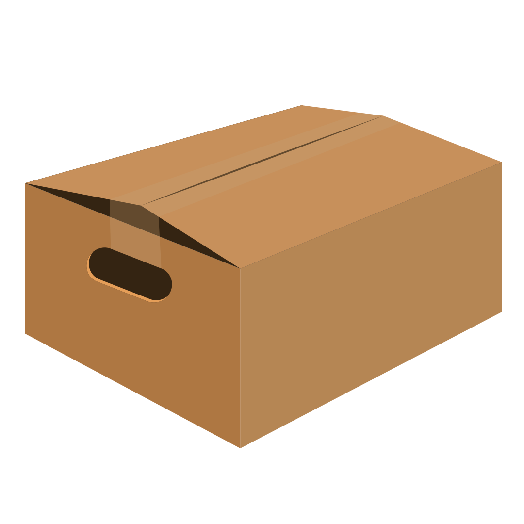 A brown cardboard box with a partially open lid and an oval cutout handle on the side.