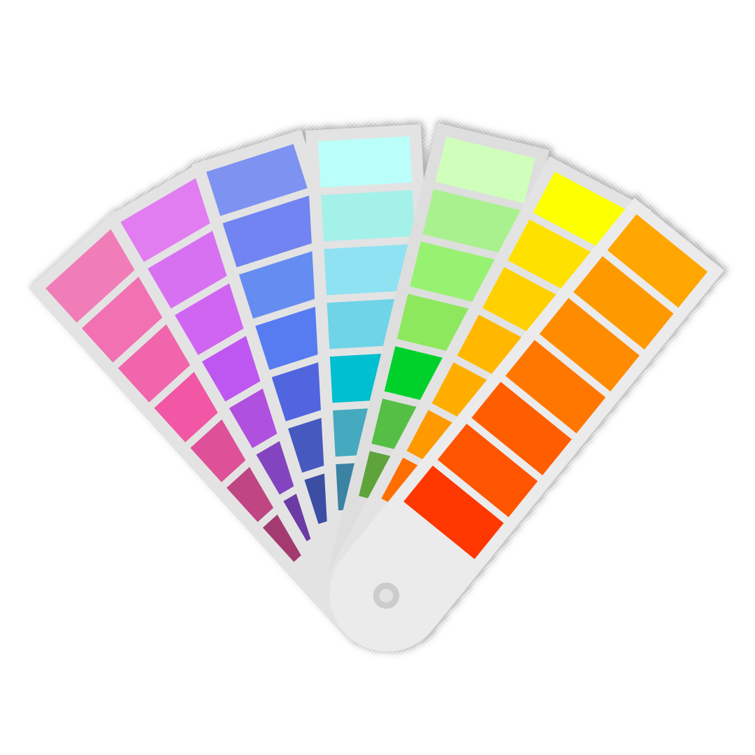 Color swatch fan displaying various shades from pink, purple, blue, green, yellow, orange, to red.