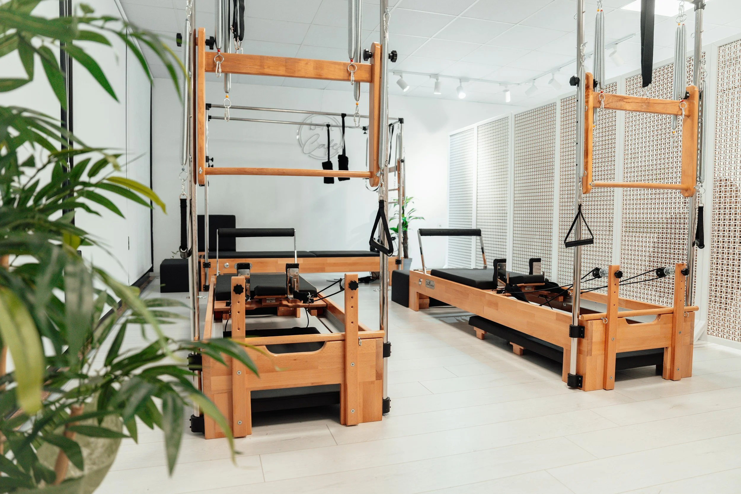 A modern Pilates or fitness studio with wooden reformer machines, black cushioned surfaces, and various exercise equipment. Green plants are in the foreground, and a white wall with a decorative pattern is in the background, illuminated by ceiling lights.