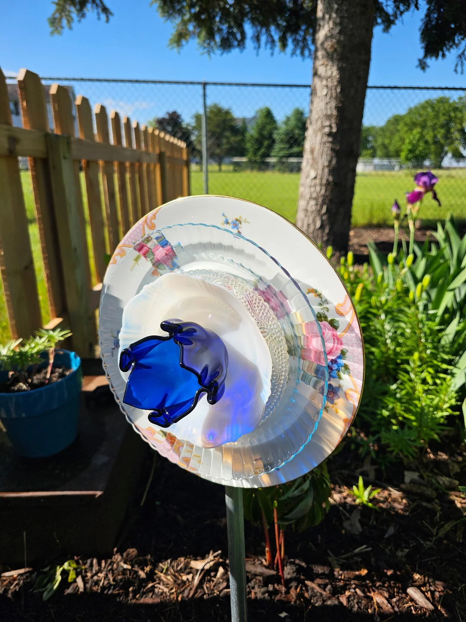 Royal Blue & White Glass Garden Flower
