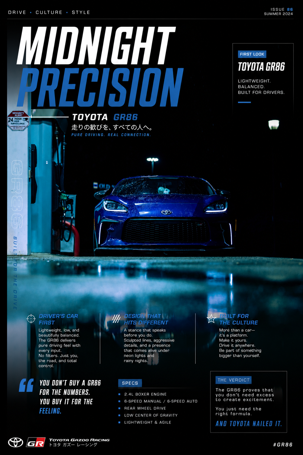 Magazine cover featuring a blue Toyota GR86 sports car at a gas station at night, with text highlighting the car's design, performance, and culture appeal.