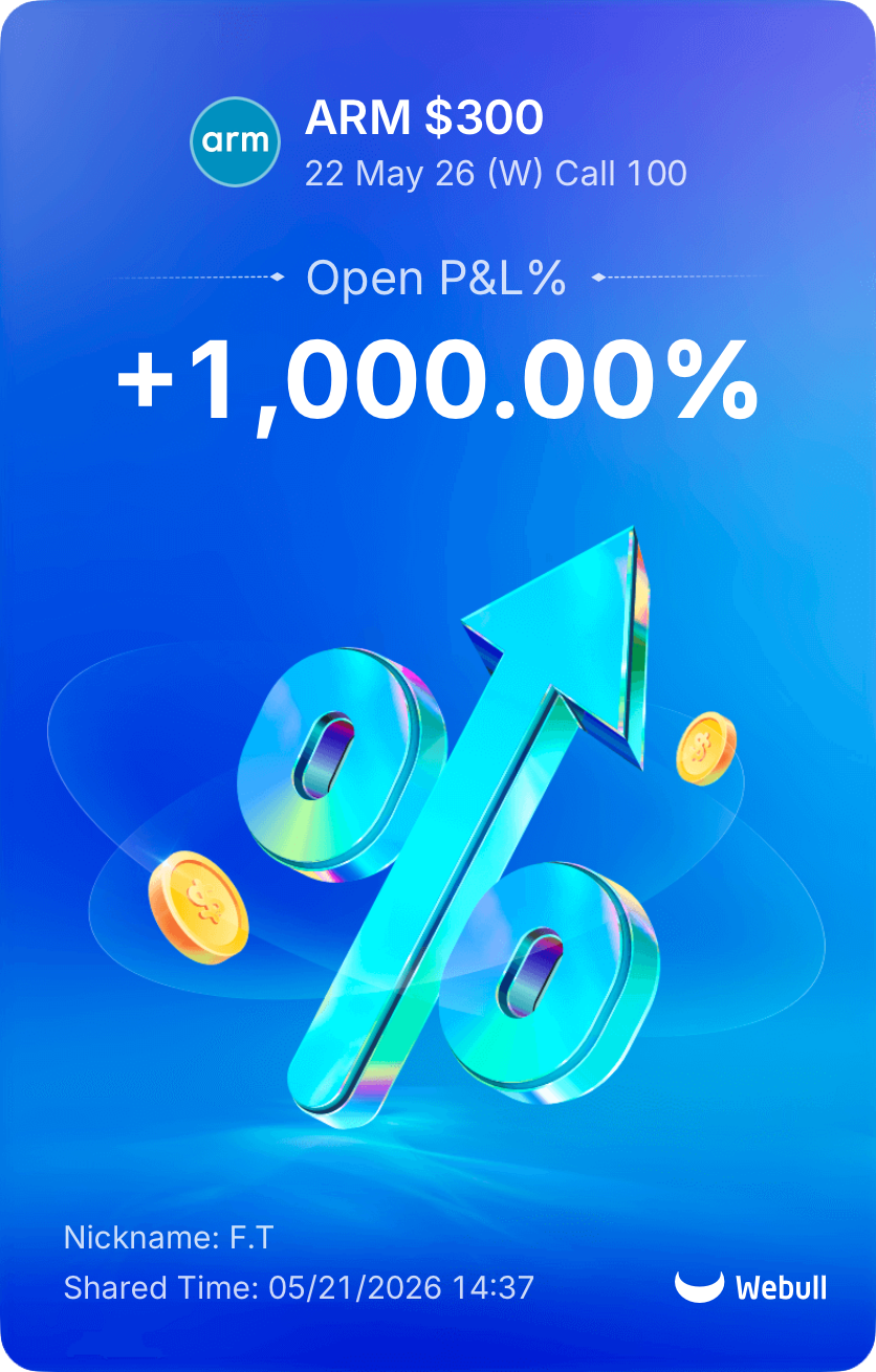 Digital stock trading screenshot showing an open profit/loss of +1,000.00%, featuring a large holographic percentage symbol and coins with dollar signs, with trading details from the platform Webull.