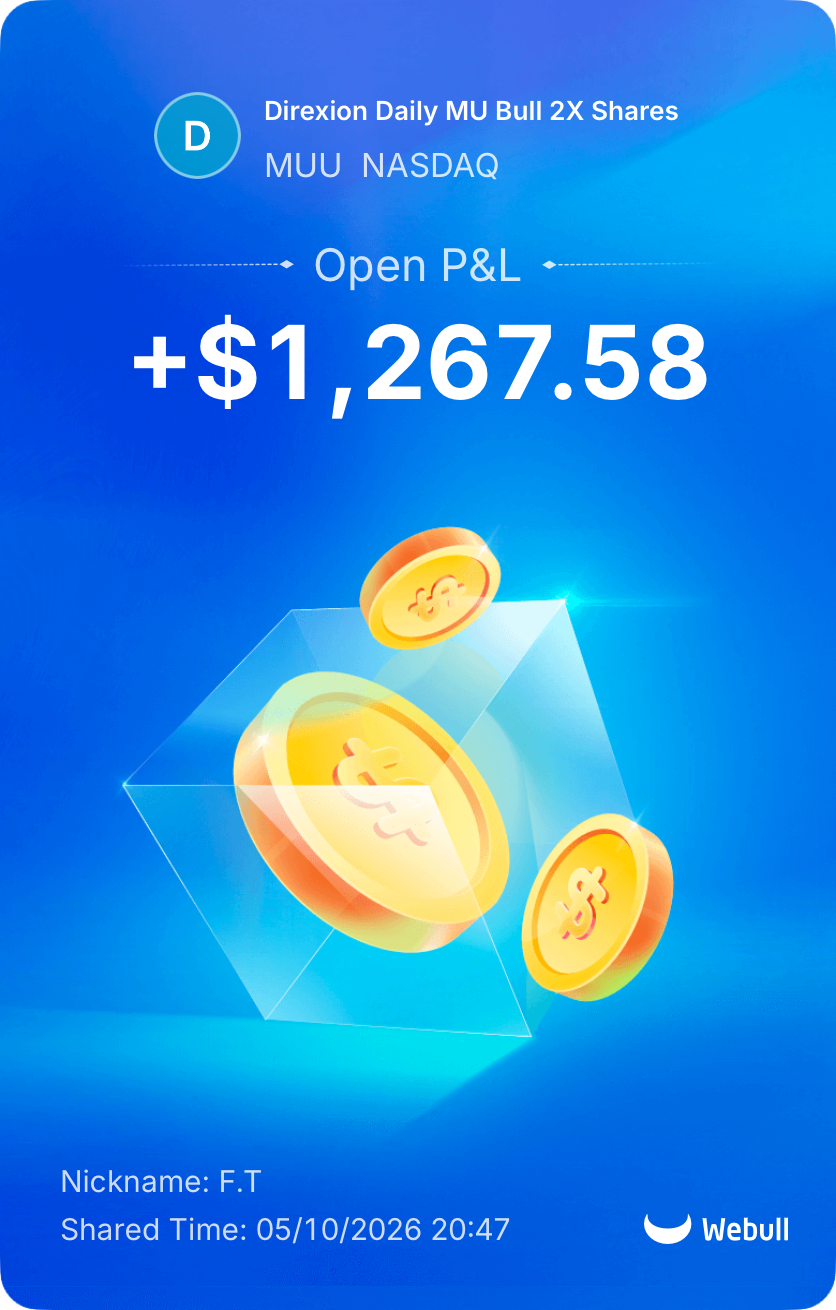 Screen displaying stock market details for Direxion Daily MU Bull 2X Shares, with an open profit and loss of +$1,267.58, colorful gold coins with dollar signs, and a Webull logo at the bottom right.