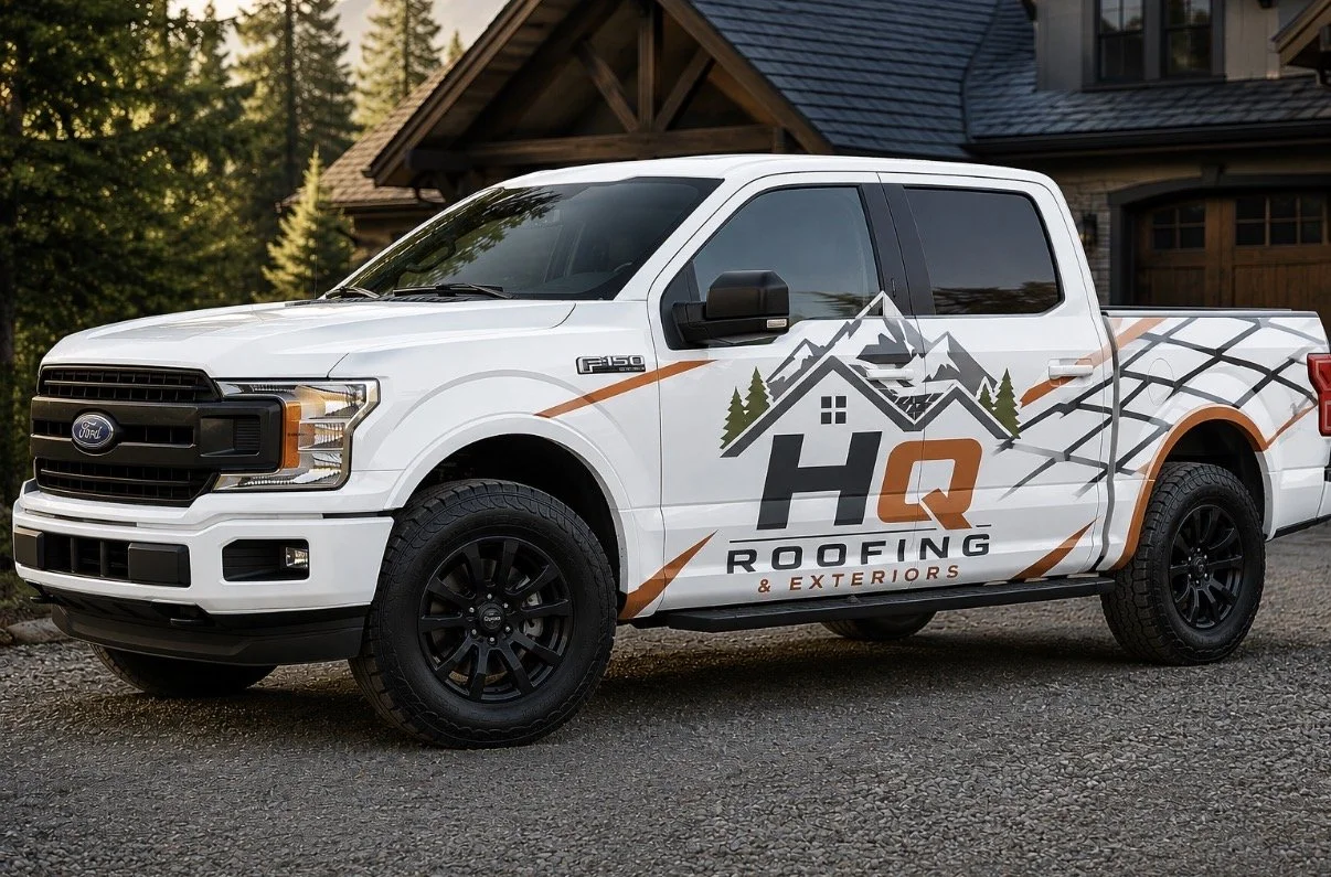 White Ford F-150 pickup truck with HQ Roofing & Exteriors logo and mountain graphic on the side, parked on a gravel driveway in front of a house with trees and a garage.