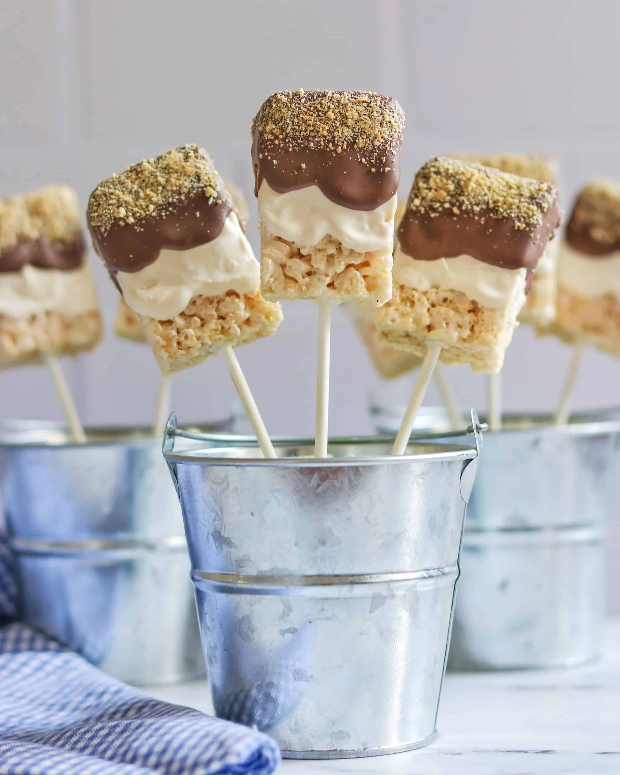 Assorted rice krispie treats on sticks dipped in chocolate and topped with crushed nuts, held in a metal container.