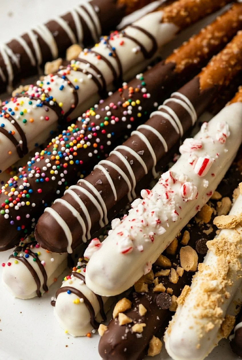 Assorted decorated pretzels with white, dark, and milk chocolate coatings, colorful sprinkles, crushed cookies, and candy cane pieces.