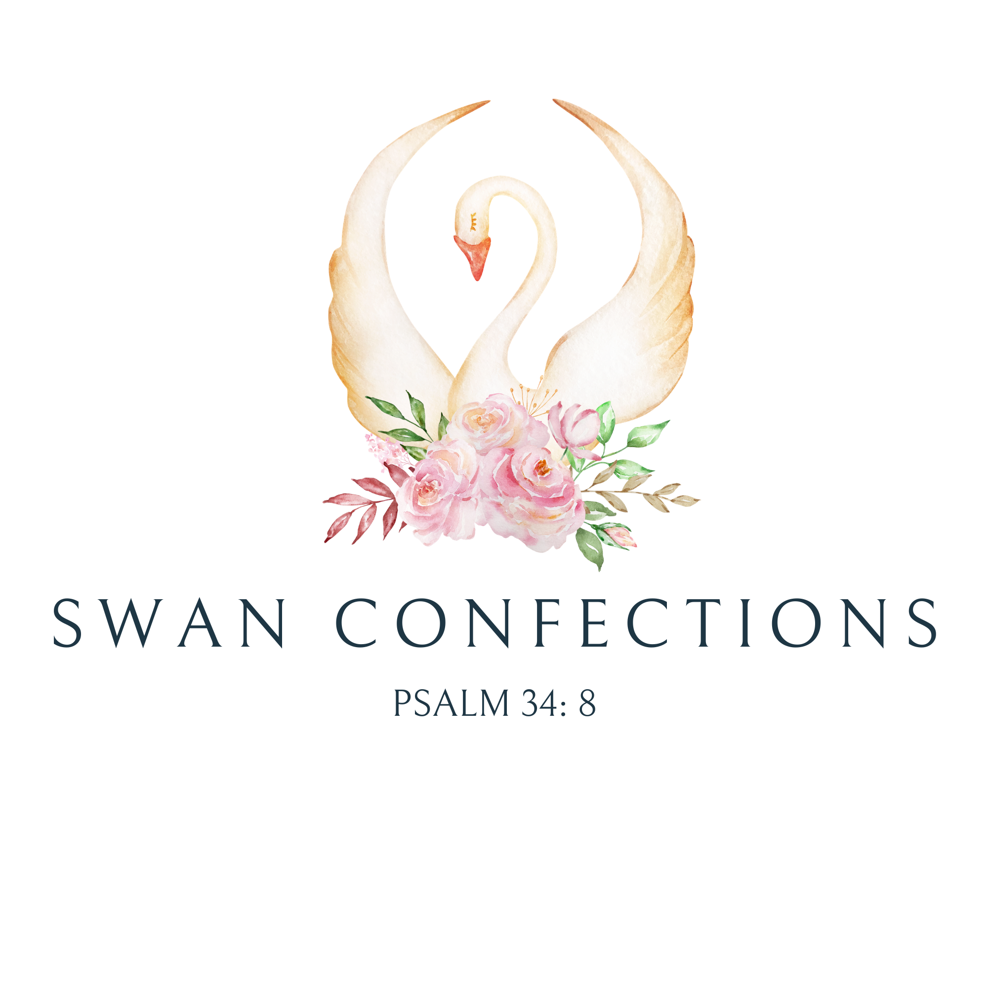 Watercolor illustration of the Swan Confections white swan with its neck curved into a heart shape, surrounded by pink and white roses and green foliage, with text reading "Swan Confections" and a biblical reference to Psalm 34:8.