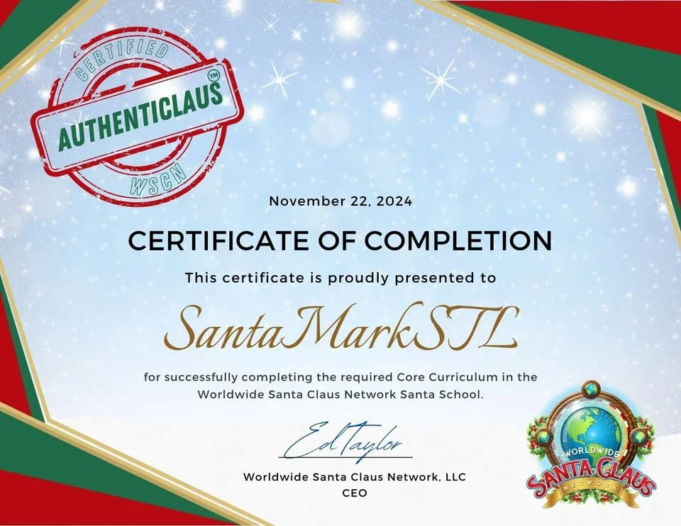 Certificate of completion awarded to Santa Mark STL for completing the Core Curriculum in the Worldwide Santa Claus Network Santa School, dated November 22, 2024.