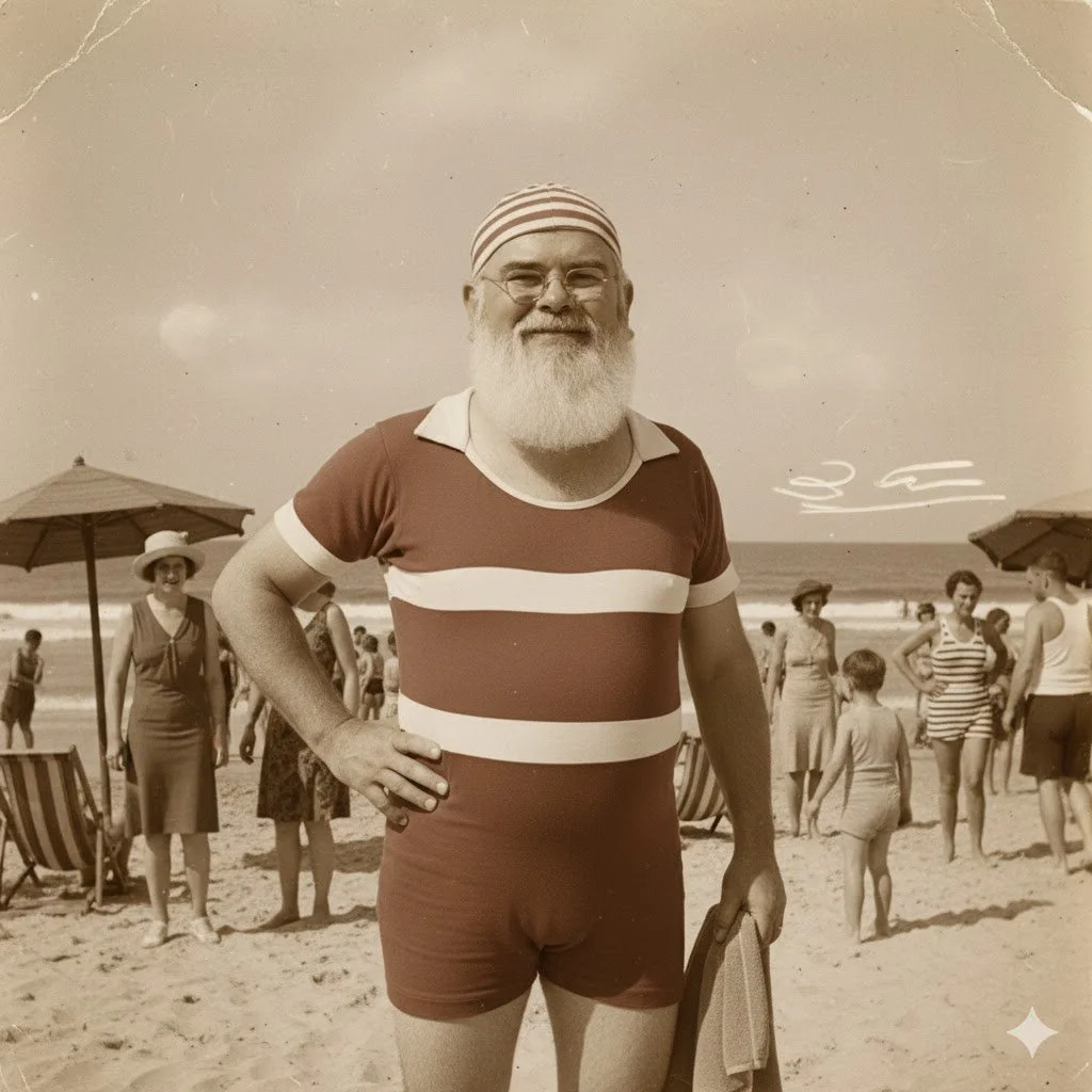 A man with a beard and glasses at the beach, wearing a striped swim cap and a vintage swimsuit, holding a towel, with people and umbrellas in the background.
