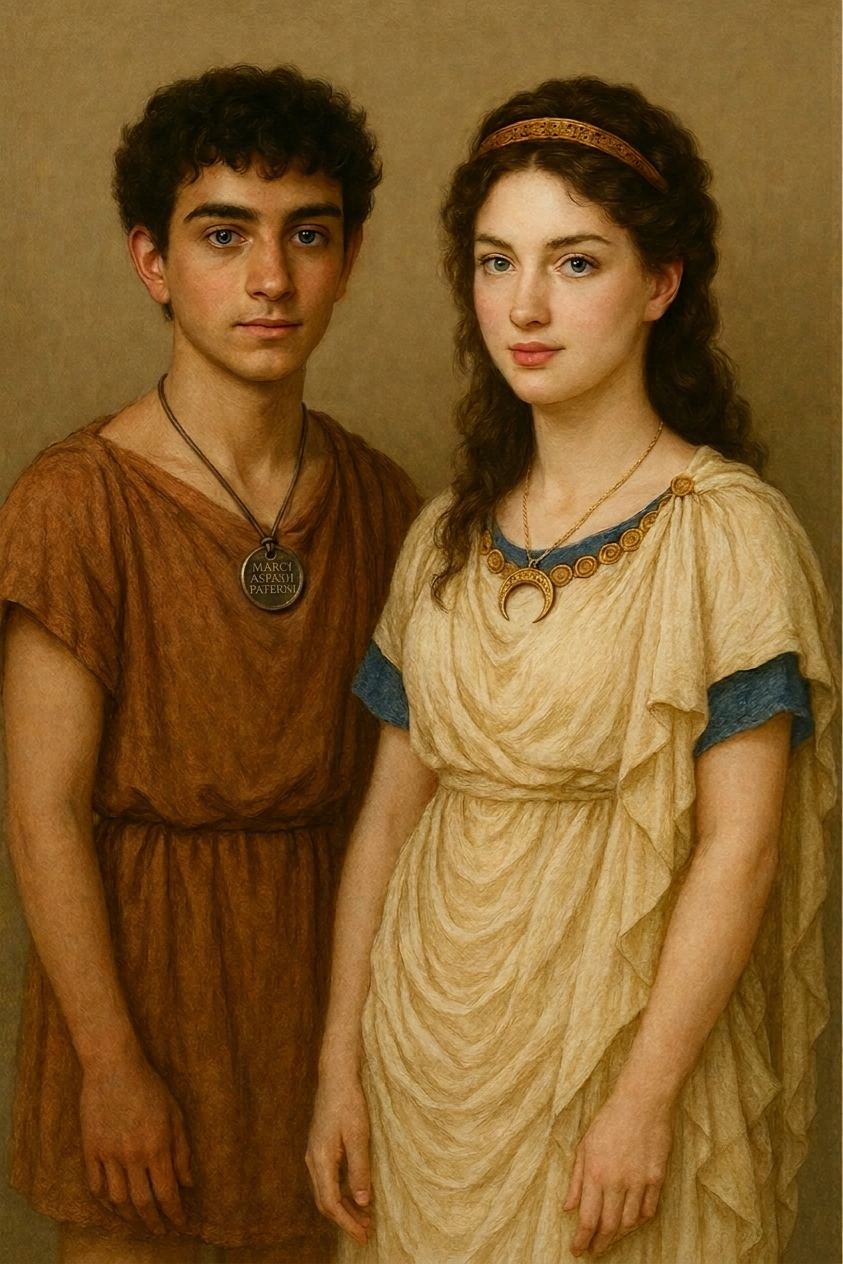 Two young people dressed in ancient Roman-style clothing, a young man with curly dark hair wearing a brown tunic and a necklace with a medallion, and a young woman with long, wavy hair wearing a cream-colored dress with a blue underside, a gold necklace with a crescent moon pendant, and a headband.