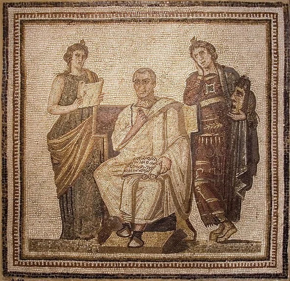 A mosaic depicting a seated man in Roman attire with two women, one holding a scroll and the other holding a vessel, in classical style.
