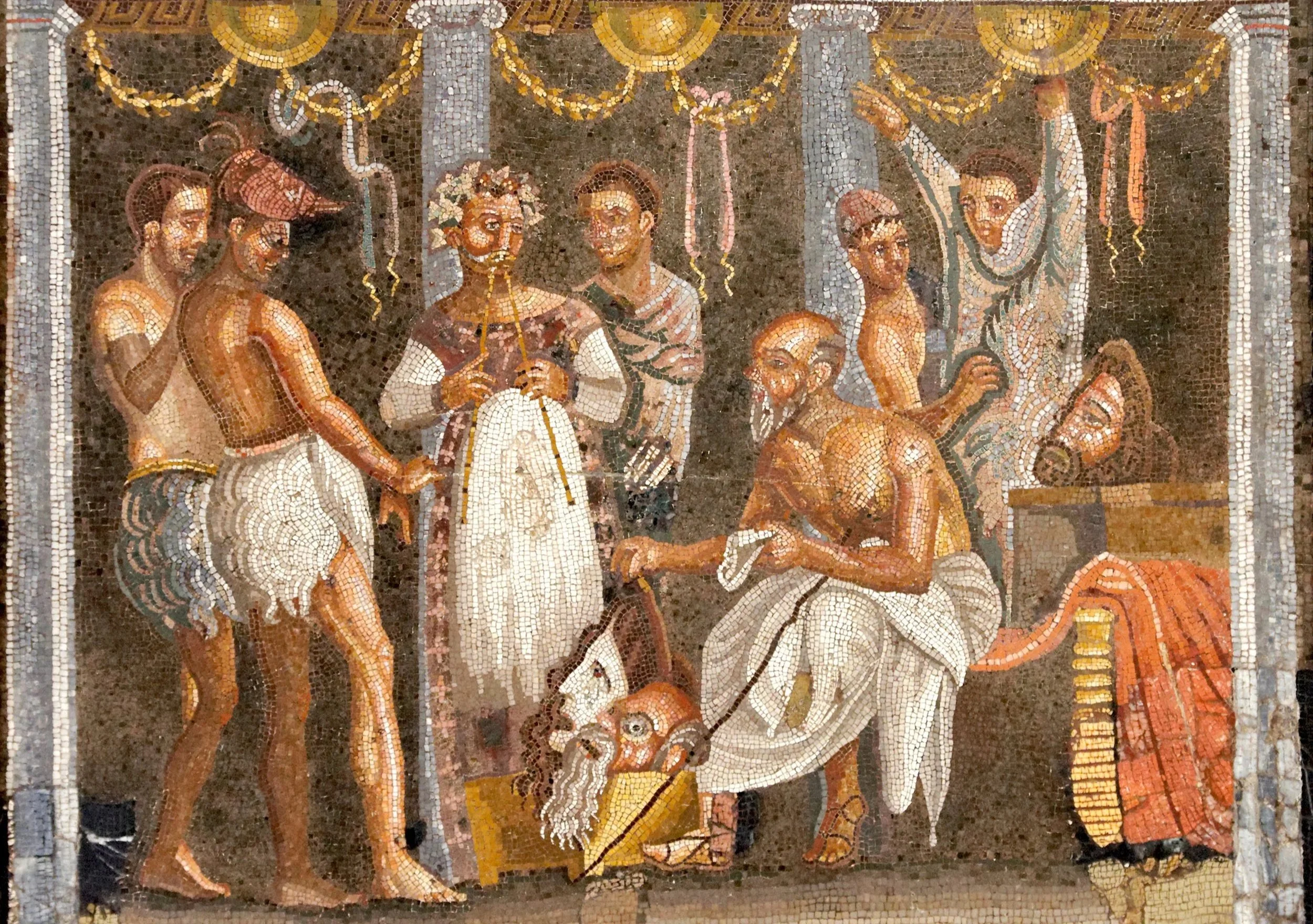 Mosaic of actors and aulos player from Pompeii