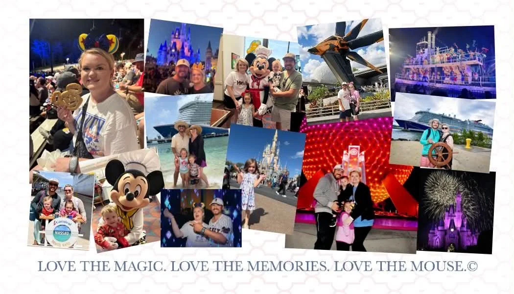 Collection of photos from a family vacation at Disney World, featuring children, adults, attractions, and character encounters, with a caption that reads 'Love the magic. Love the memories. Love the mouse.'