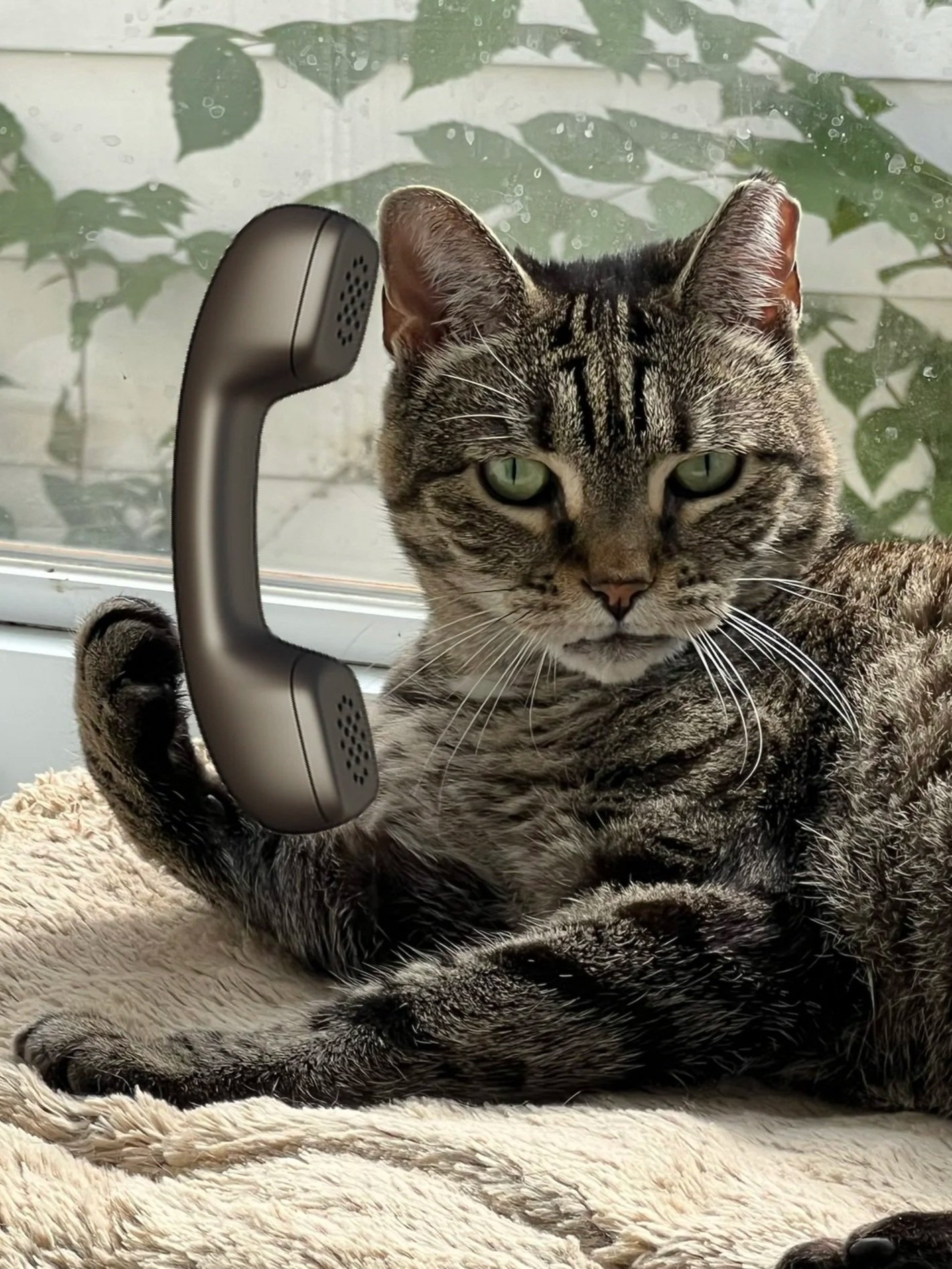 A tabby cat with green eyes lying on a cream-colored rug, holding a cordless phone with a gray body and black accents, beside a window with leafy plants outside.