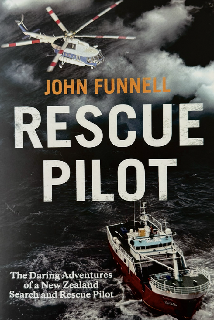 Book cover titled 'Rescue Pilot' by John Funnell, featuring a helicopter flying over rough ocean waters and a rescue ship.