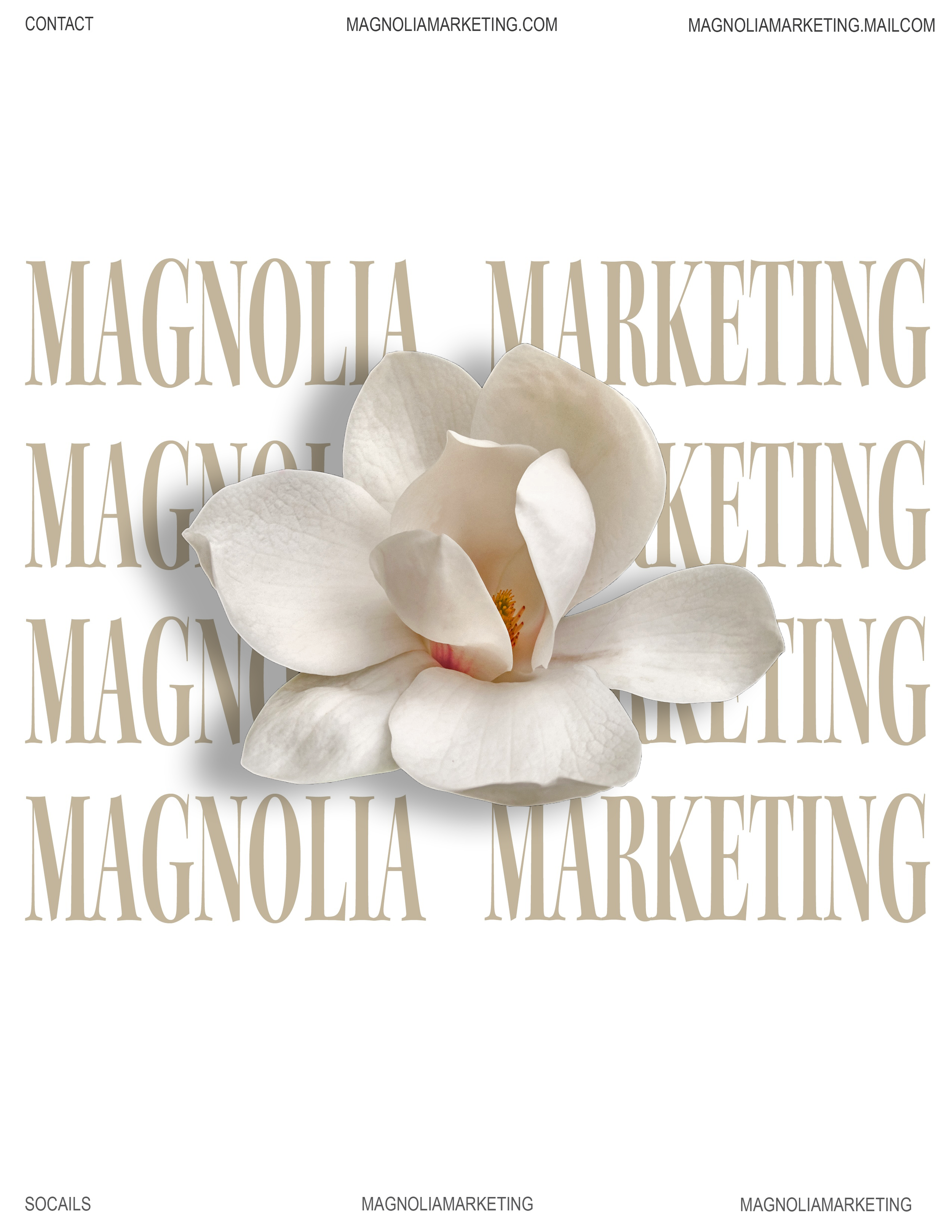 A white magnolia flower in front of a background with repeated 'MAGNOLIA MARKETING' text and contact information