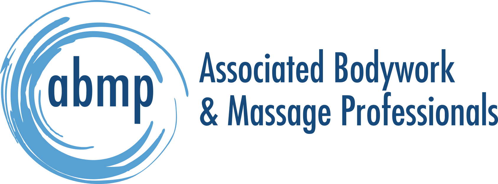 Logo of the Associated Bodywork & Massage Professionals (ABMP), consisting of a black circular design with blue brushstroke-like elements and the text 'abmp' inside and 'Associated Bodywork & Massage Professionals' to the right.