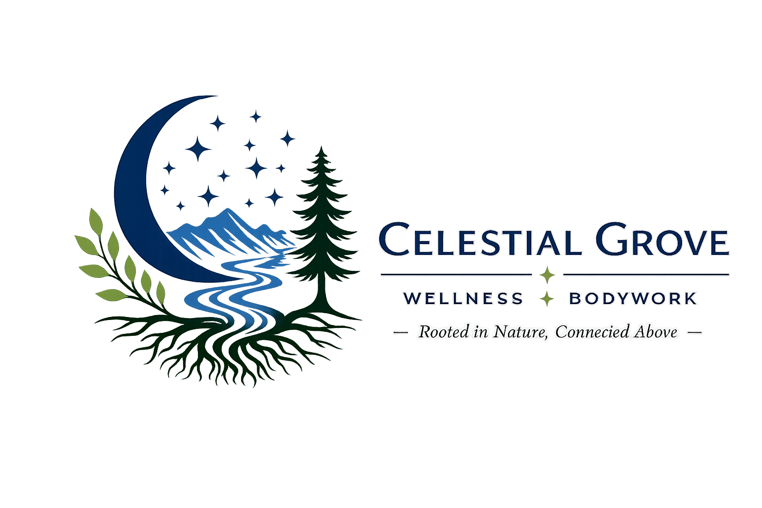The logo for Celestial Grove Wellness Bodywork features a crescent moon, a mountain range, a river, a tree, and stars, with the text 'Celestial Grove Wellness Bodywork' and the tagline 'Rooted in Nature, Connected Above'.